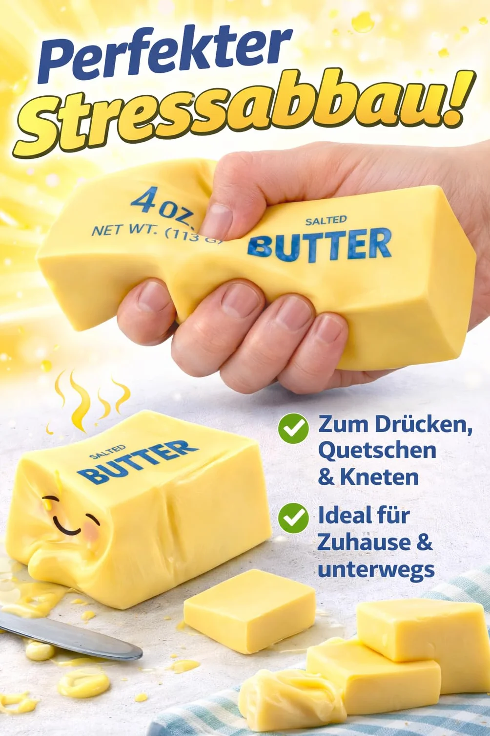 Squeeze Toy Butter – zabawna zabawka Squishy Fidget Toy dla dzieci i dorosłych, miękka, antystresowa, do ugniatania, piłka antystresowa do ugniatania, zabawny gadżet (żółta/tęczowa, 1 szt. w zestawie