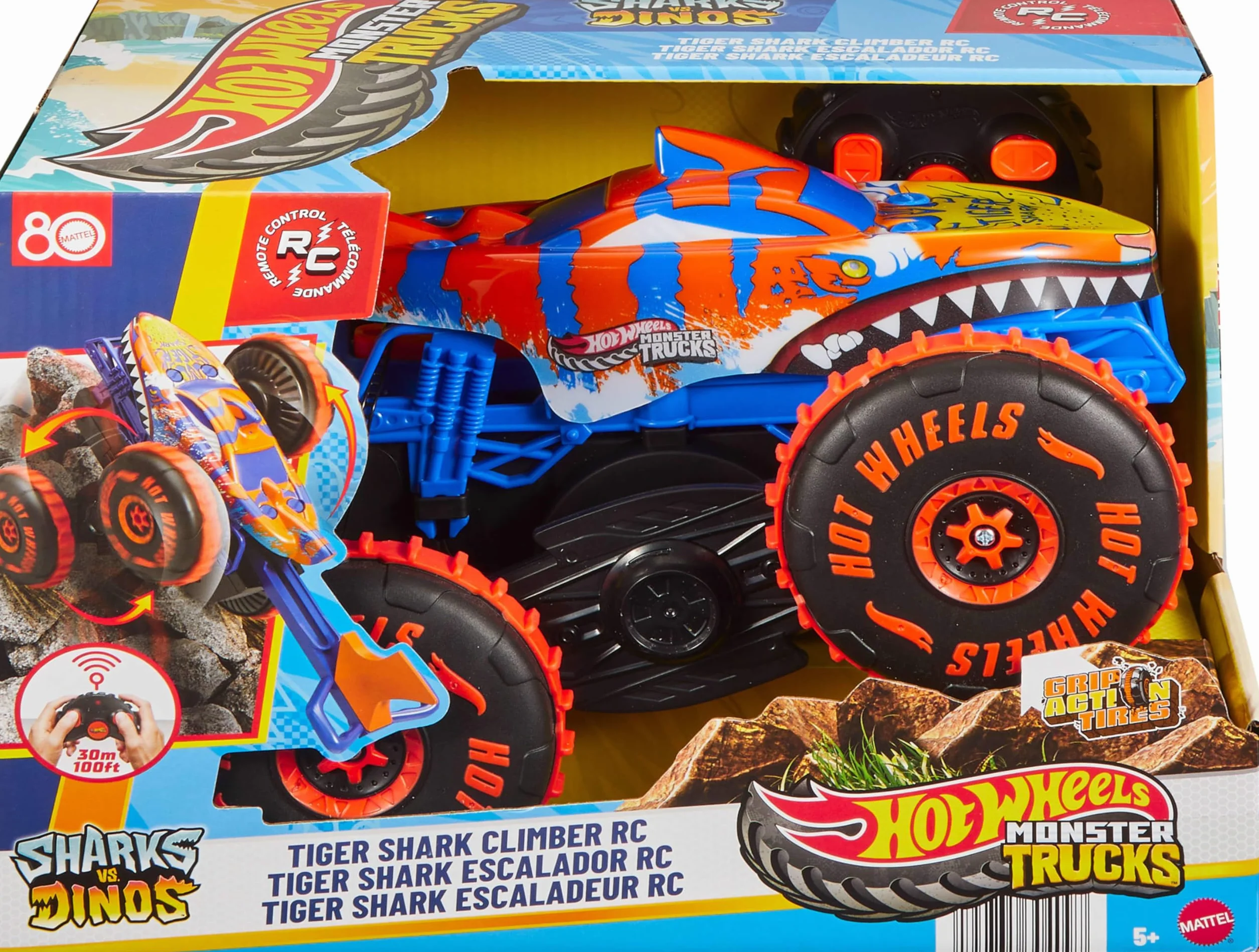 Hot Wheels Monster Trucks RC Tiger Shark Zdalnie Sterowany Pojazd z 3 Trybami Zabawy JFR39