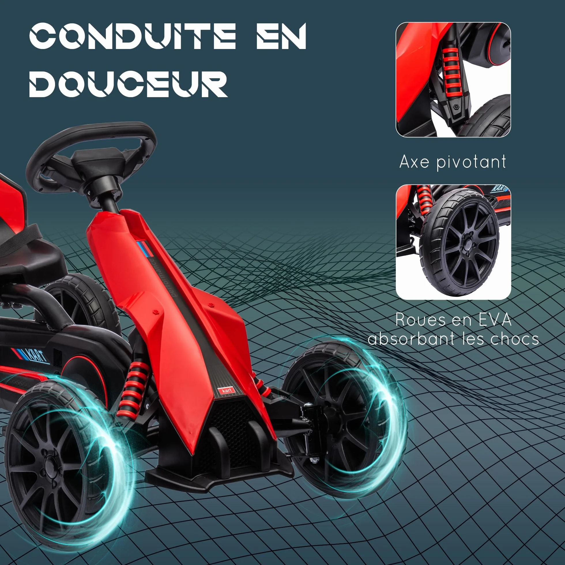 HOMCOM Kart na pedały dla dzieci, go-Kart z regulowanym siedziskiem 4-pozycyjnym, ciche koła EVA, 100 x 58 x 58,5 cm, rower i pojazd dziecięcy, czerwony i czarny