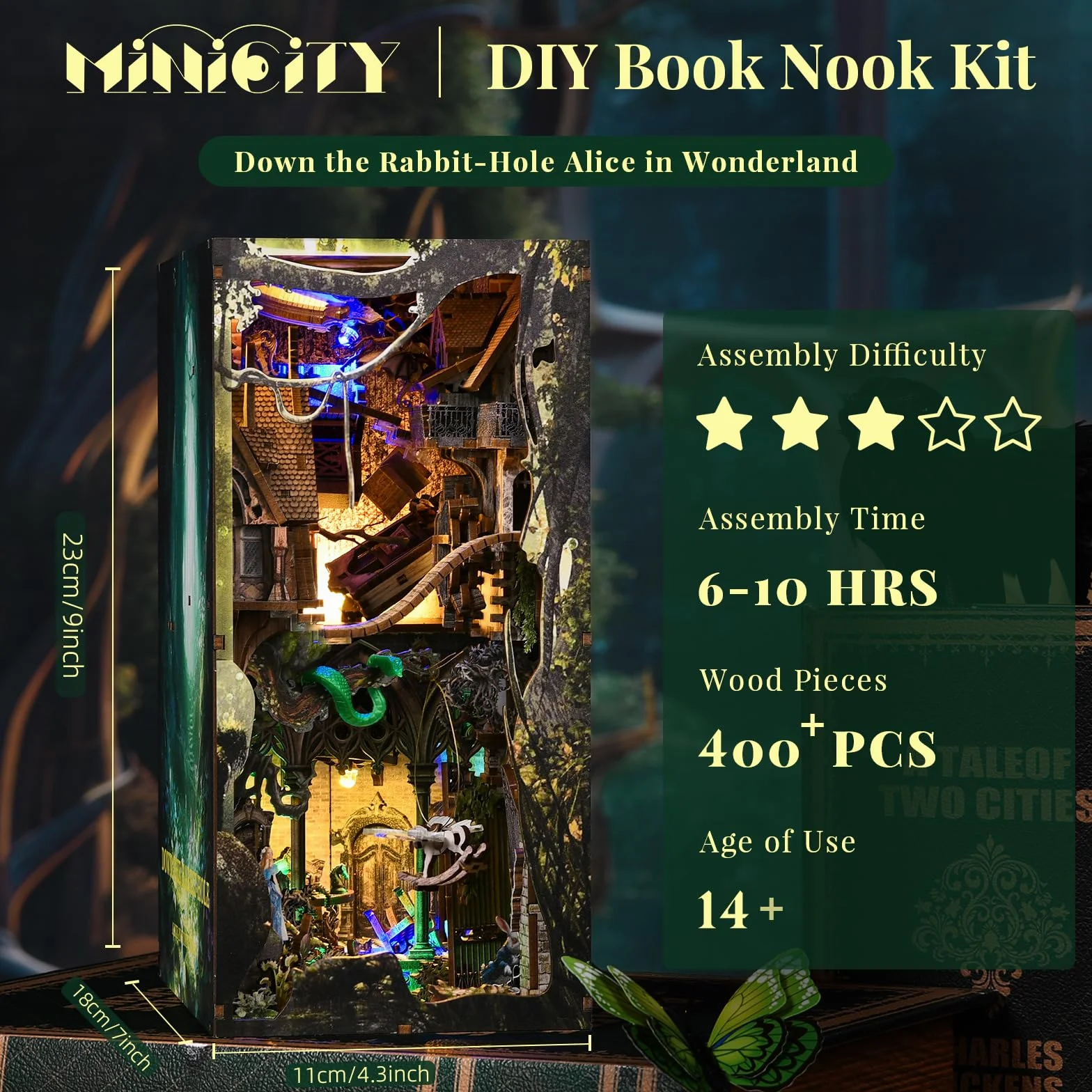 MiniCity Zestaw do Kącika Książkowego, zestaw DIY do miniaturowego domeczka dla lalek Kącik Książkowy (Down The Rabbit-Hole Alice in Wonderland)
