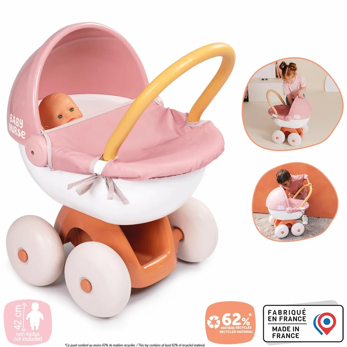 Smoby - Baby Nurse - Wózek przytulanka - dla niemowląt i lalek do 42 cm - Ciche koła - Kosz do przechowywania - Materiał z recyklingu - Od 18 miesięcy - Wyprodukowano we Francji