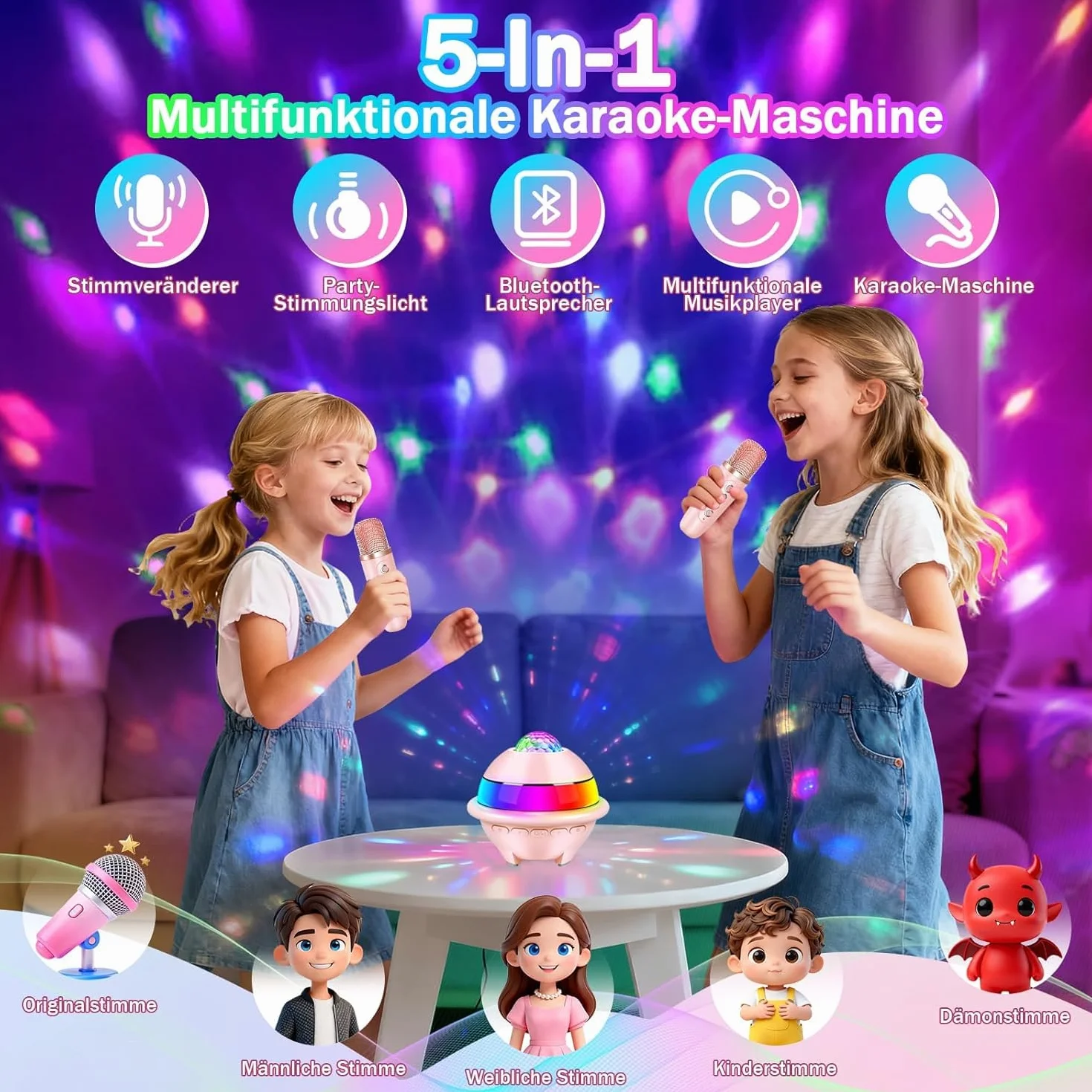 JONRRYIN Zestaw do karaoke z 2 mikrofonami, przenośna maszyna do karaoke Bluetooth dla dzieci ze światłem dyskotekowym i 5 efektami dźwiękowymi, głośnik Bluetooth dla dzieci, muzyka, prezent na Boże