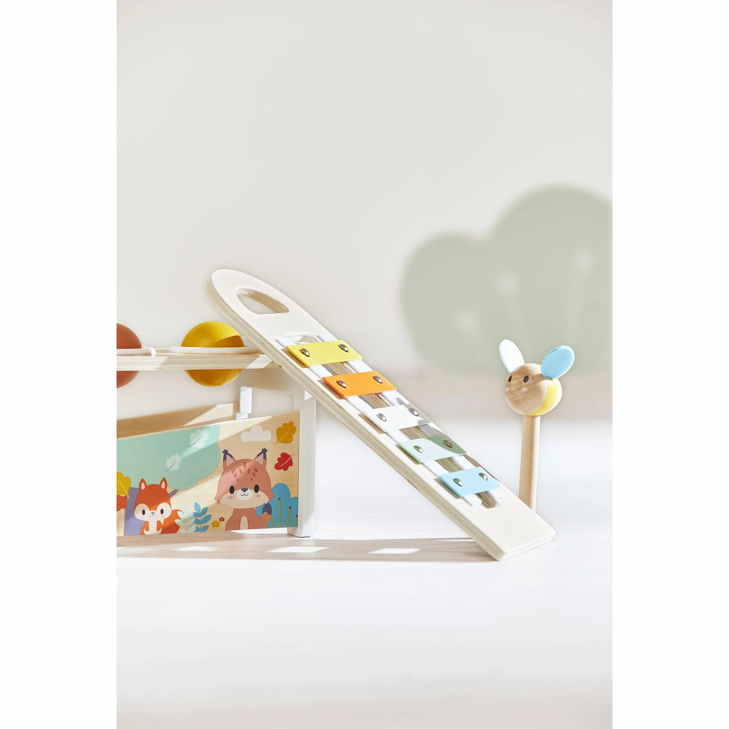 Janod Tap Tap Xylo Pure 2-in-1 Baby Musical Instrument - Awakening and Educational Game - Wooden Toy with 3 Balls + Hammer + Xylophone - From 12 Months Old, J05155