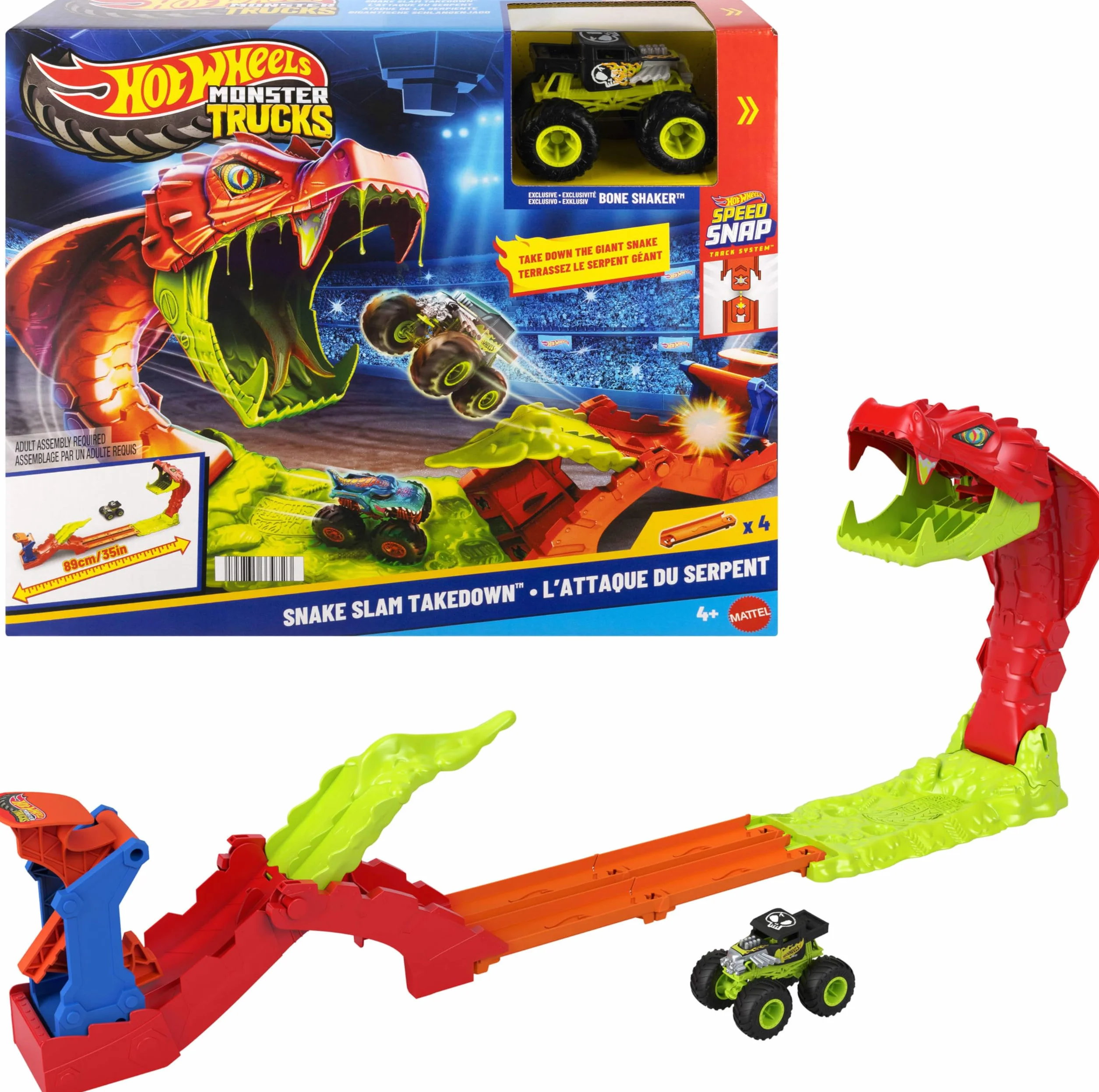 Hot Wheels Monster Trucks Mega skok Nokaut węża Zestaw Bone Shaker 1:64 tor wyścigowy zabawka dla dzieci 4+ JJN44