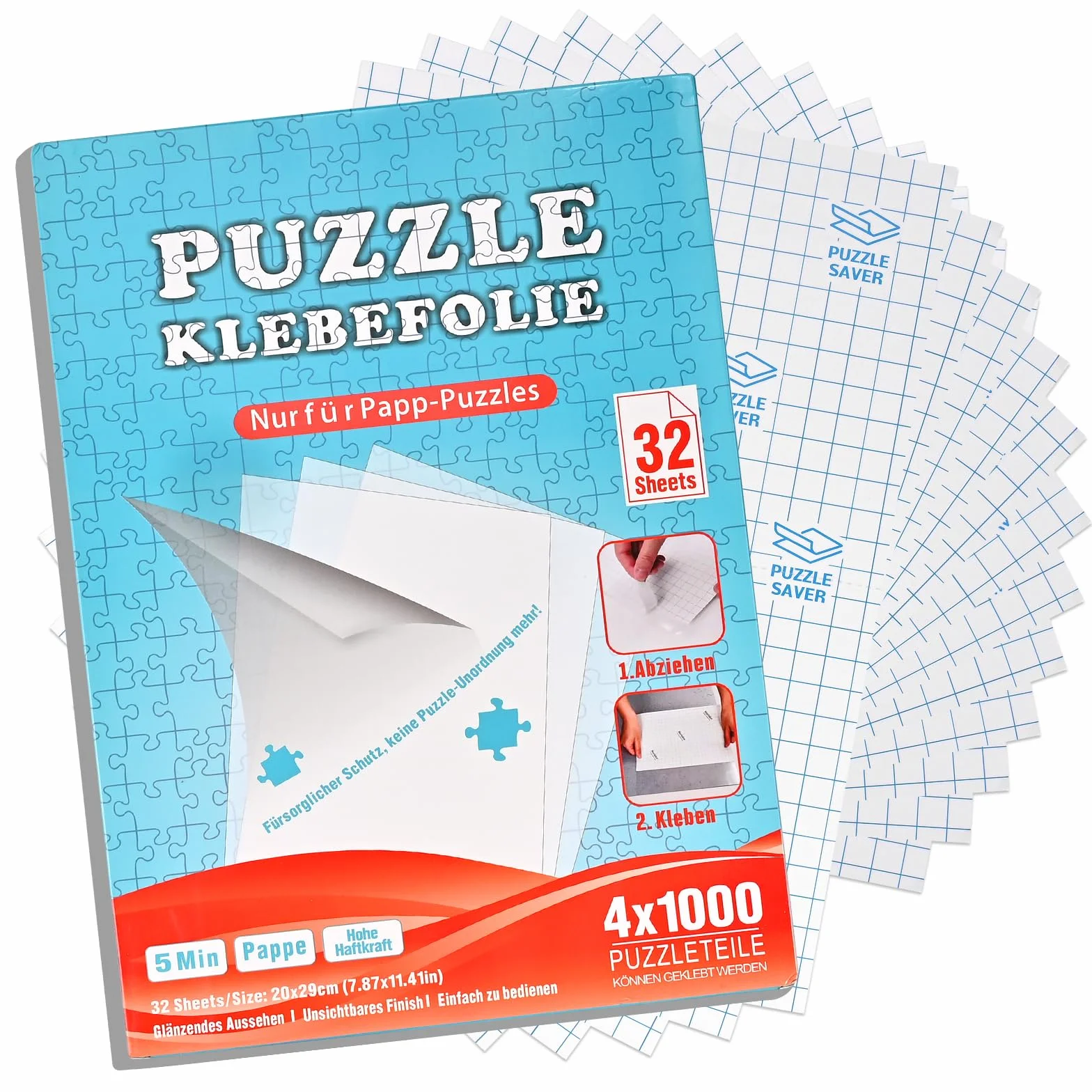 Faburo Puzzle folia samoprzylepna, 32 sztuki, super klej do puzzli, 4 x 1000 elementów / 8 x 500 części, 20 x 29 cm, folia samoprzylepna przezroczysta dla dzieci i dorosłych, do puzzli, przezroczysta