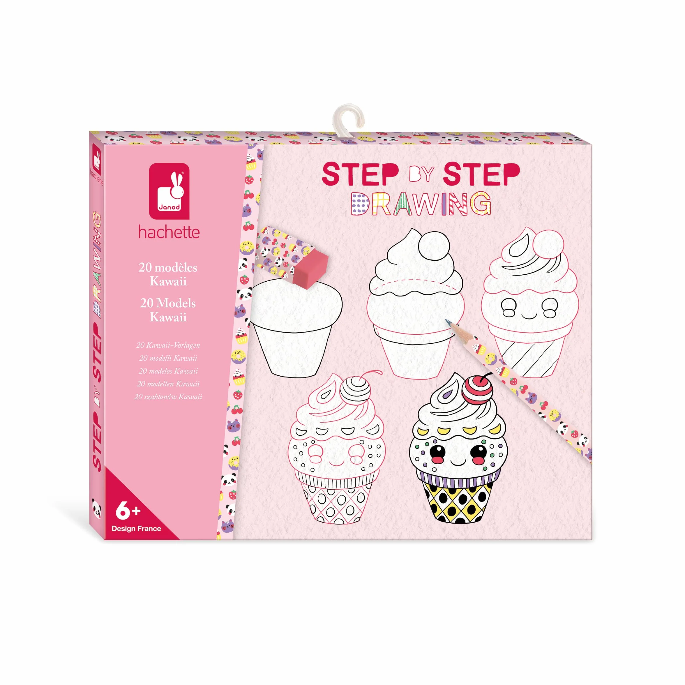 Janod - Step by Step Drawing - Naucz się rysować - 20 modeli Kawaii - Zestaw rysunkowy dla dzieci - Nauka rysowania i koncentracji - Od 6 lat - J09156