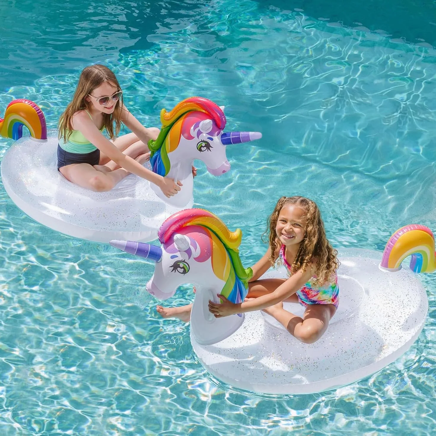 JOYIN Materac dmuchany dla dzieci, dmuchany jednorożec, tratwa z brokatem, zabawna plaża, nadmuchiwane siedzenia dla dorosłych, na lato, imprezę, dekoracja dla dzieci, 175 cm x 75 cm x 85 cm