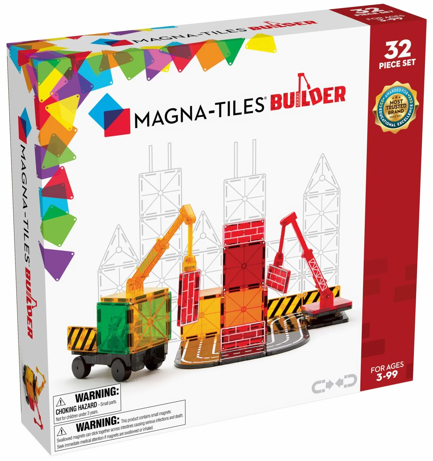 Magna-Tiles Budowniczy 32-częściowy zestaw, oryginalne magnetyczne płytki budowlane do kreatywnej zabawy otwartej, zabawki edukacyjne dla dzieci w wieku 3 lat + (32 sztuki) (21632)