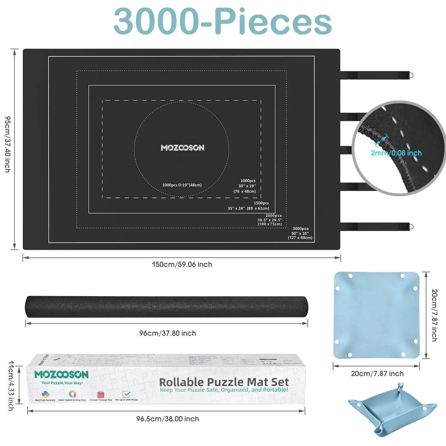 MOZOOSON Zwijana mata do puzzli 3000 sztuk - gumowa mata 95 x 150 cm - z 8 tacami i pudełkiem prezentowym, do puzzli 1000, 1500, 2000, 3000 sztuk