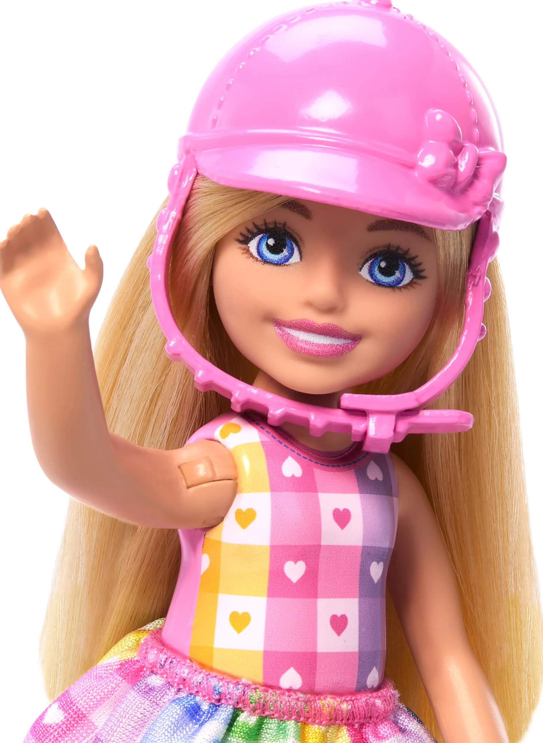 Barbie Chelsea Lalka + kucyk, toczek i siodło, lalka ma zginane nogi, aby móc „jeździć” na szarym kucyku, HTK29