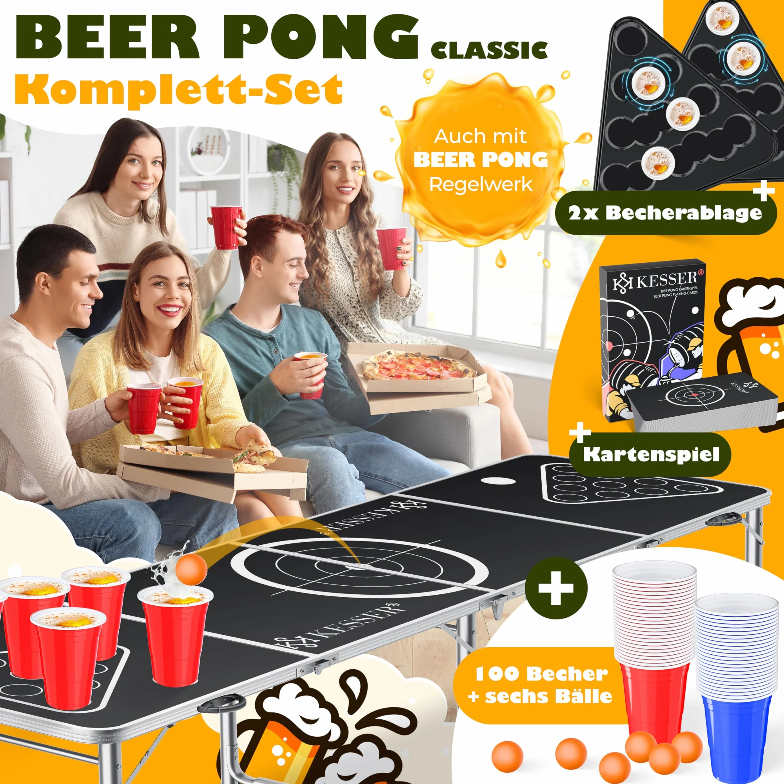 KESSER Beer Pong zestaw karcianych (50 czerwonych i 50 niebieskich), 6 piłek + linijki do gry na imprezę, regulowana wysokość, składany
