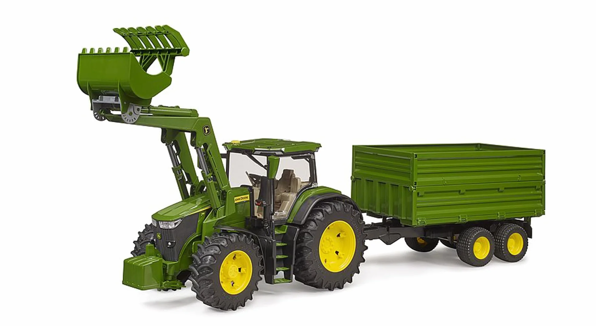 bruder 03155 - John Deere 7R 350 z ładowaczem czołowym i przyczepą transportową z osią tandemową - 1:16 Pojazd, Ciągnik, Bulldog, Rolnictwo, Farma, Przyczepa, bworld, Zabawki
