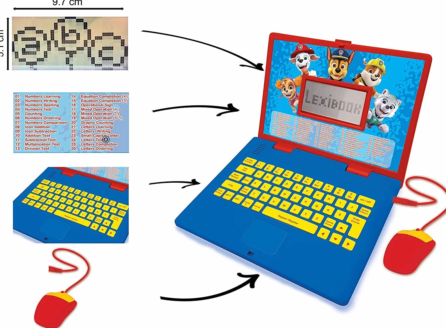 Lexibook, la Pat Patrol, Dwujęzyczny Komputer Edukacyjny Francuski, Angielski, Zabawka dla Dzieci z 124 Zajęciami do Nauki, Zabawy i Gry na Pianinie, Niebieski, Czerwony, JC598PAi1