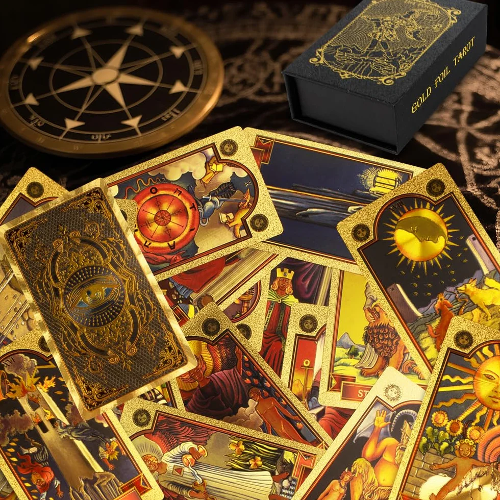 Zestaw tarota, 78+2 karty tarota, złote oko Marsylia Tarot z przewodnikiem, wróżbiarstwo tarota, karty tarota PCV, wodoodporne i bez fałd, zestaw tarota dla początkujących (złoty)