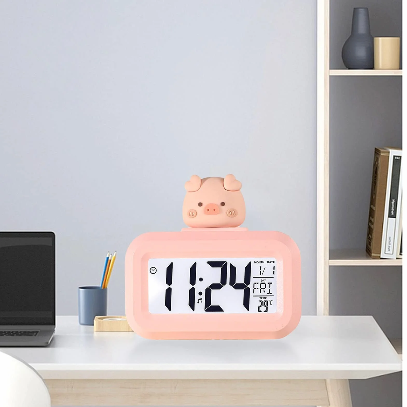 Śliczny Elektroniczny Alarm, Rysunkowy Ekran LED, Elektroniczny Zegar, Wyraźny Wyświetlacz, Ochrona Oczu, Cyfrowy do Sypialni Dziecięcej (Różowa świnka)
