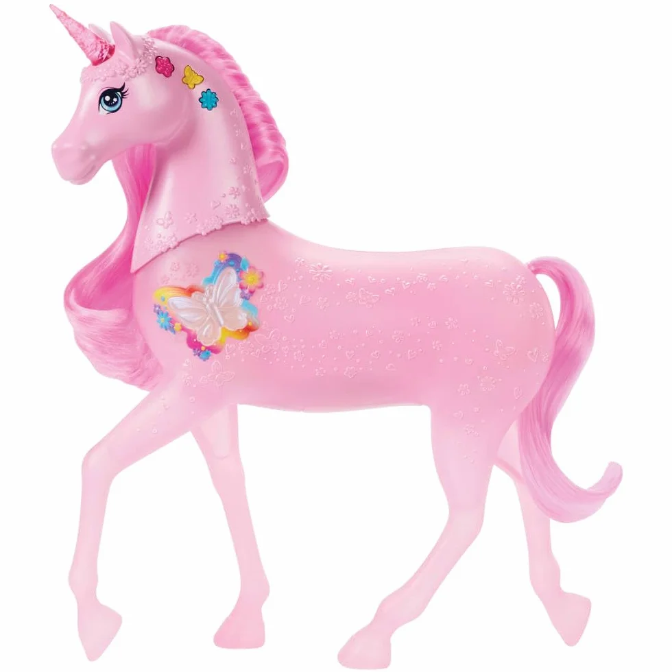Barbie Magiczny jednorożec Baśniowe światełka Interaktywna zabawka jednorożec z 20 kombinacjami światełek, dźwięków i muzyki, zabawa aktywowana naciskaniem przycisków i głowy, JCP78