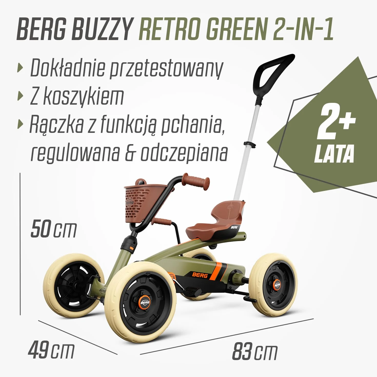 BERG Pedał Gokart Buzzy Retro 2 w 1 z drążkiem przesuwnym, pojazd dziecięcy, bezpieczeństwo i stabilność, zabawka dla dzieci w wieku 2-5 lat