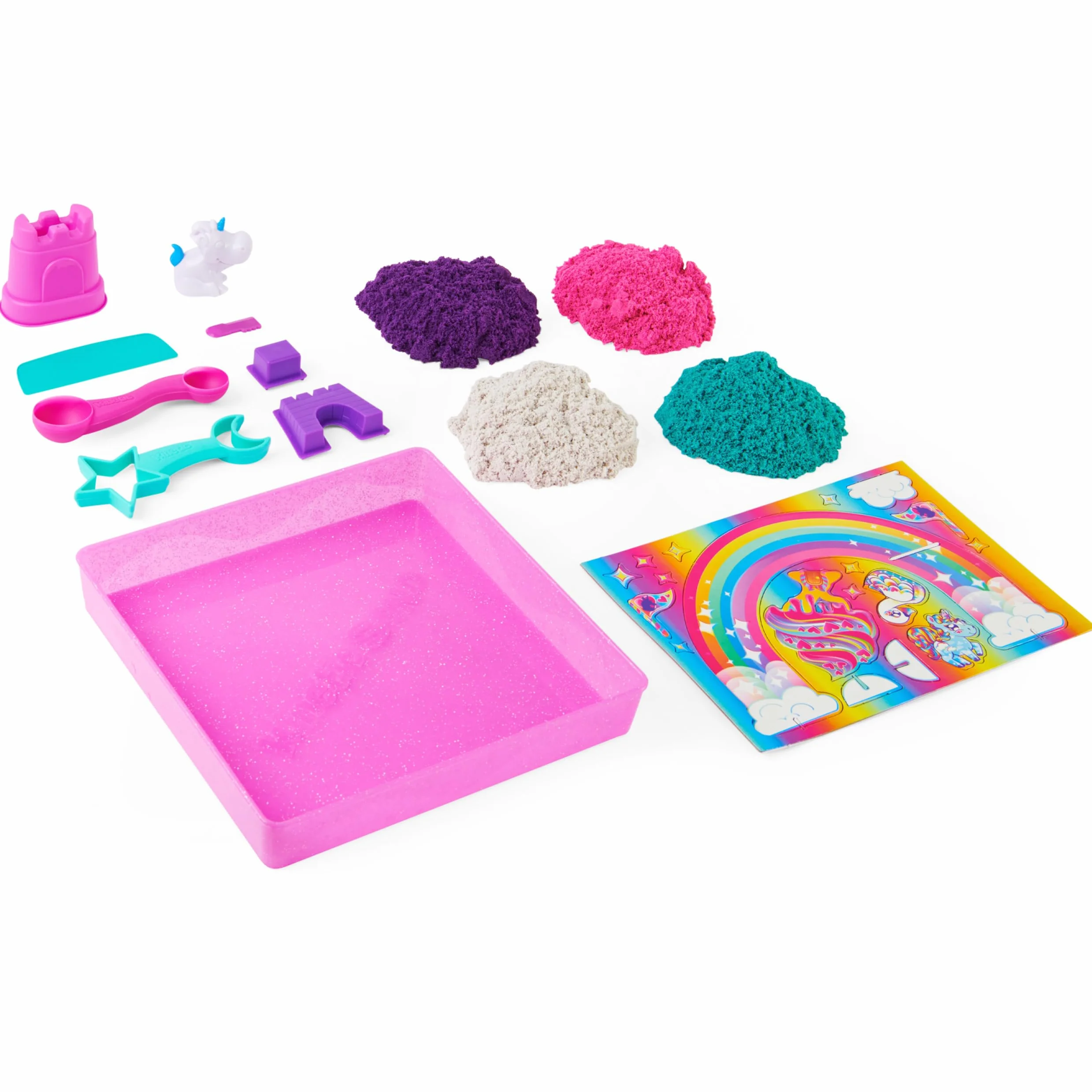 KINETIC SAND MAGIC SAS - KRÓLESTWO Jednorożców 907 G + 8 foremek - Twórz różne hipnotyzujące kształty dzięki temu magicznemu i kolorowemu piaskowi przypominającemu pastę modelarską - Zabawka dla
