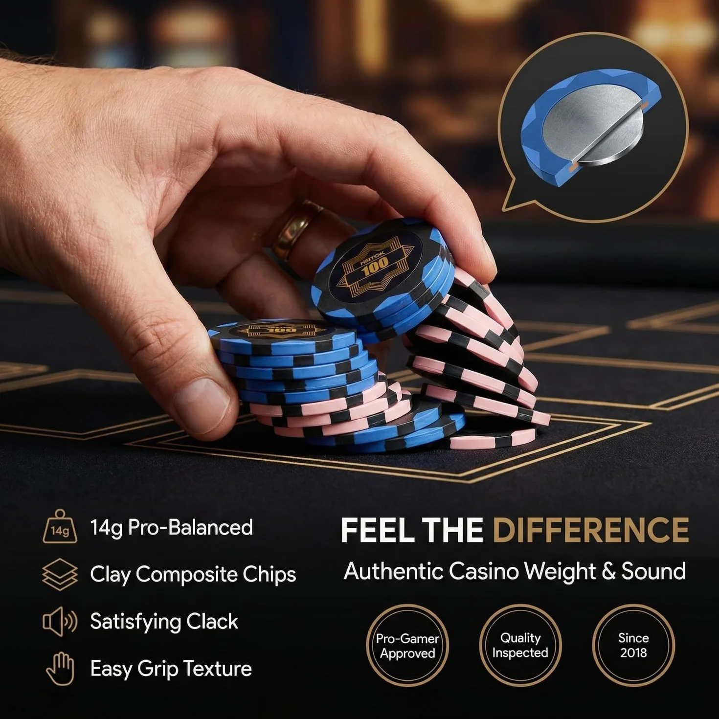 HEITOK Zestaw do pokera 300 żetonów 14g gliniane kompozytowe z metalowym rdzeniem, profesjonalna walizka aluminiowa, karty, kości i przyciski blind, kompletny zestaw Texas Holdem Casino