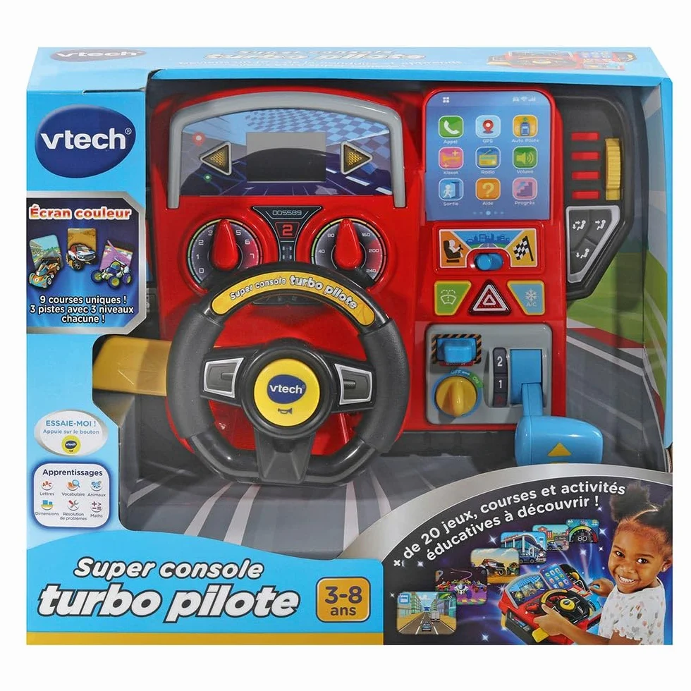 VTech - Super Turbo Console Driver, symulator jazdy z kolorowym ekranem i deską rozdzielczą, wyścigi samochodowe, nauka i gry, prezent dla dzieci w wieku od 3 lat do 8 lat - Zawartość w języku