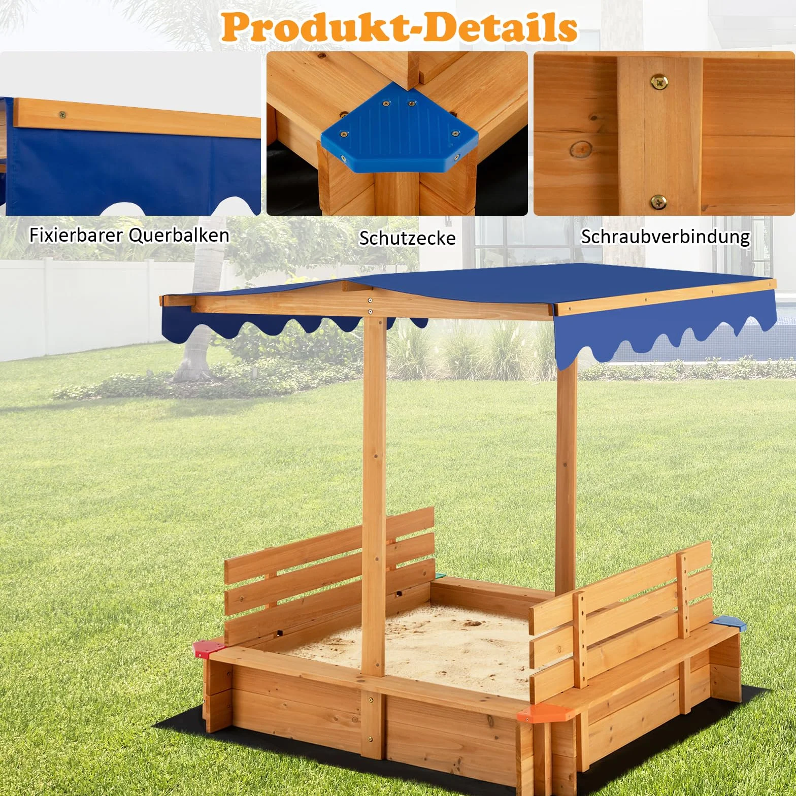 COSTWAY piaskownica z dachem, 120 x 120 cm, piaskownica z drewna cedrowego, duża piaskownica z 2 ławkami do siedzenia, z obiciem podłogowym, bezpodłogowa, wysokość siedziska 21 cm