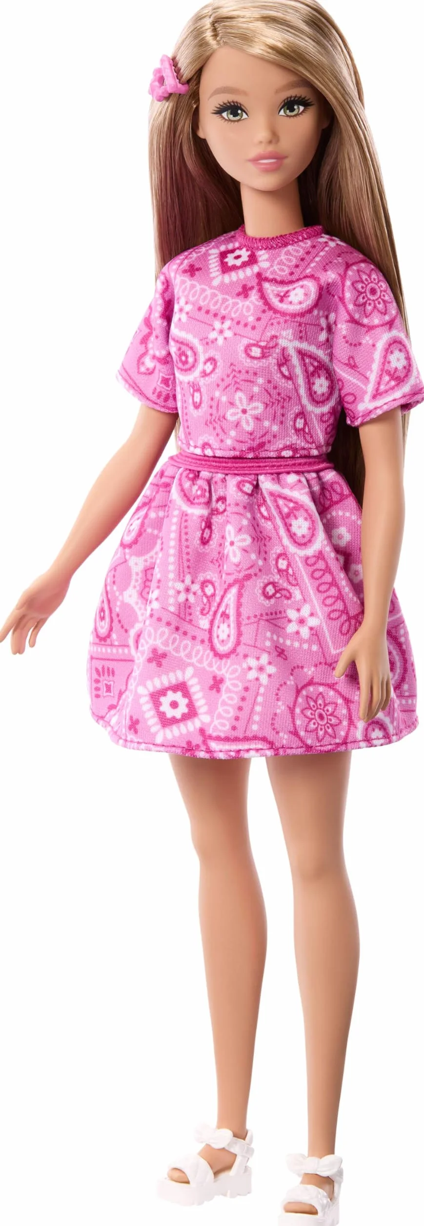 Barbie Fashionistas Lalka modowa #249, różowy strój we wzór paisley, blond włosy, różowa spódniczka i koszulka, białe sandałki na platformie, zabawka dla dzieci 3+, JJN62