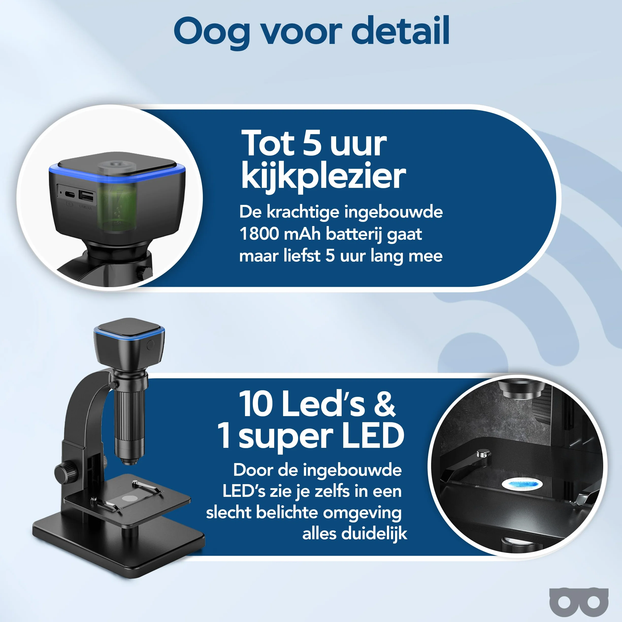 Digital Microscope with Camera – 2000 x Zoom – Photo/Video – Wi-Fi/USB Connection – 1800 mAh Battery – 11 LED Lights, Microscope Included