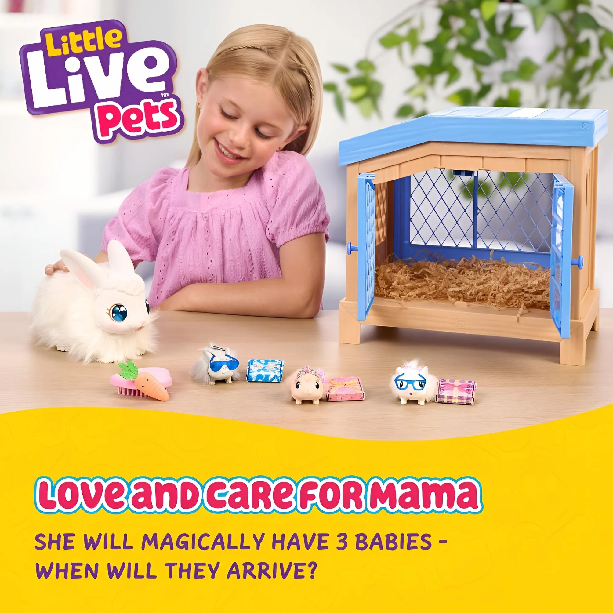 Little Live Pets Mama niespodzianka - Królik Zajmij się mamą Ona spodziewa się 3 dzieci! Interaktywny królik i zestaw do zabawy z króliczkiem Ponad 20 dźwięków i reakcji Akcesoria dla niemowląt od 4