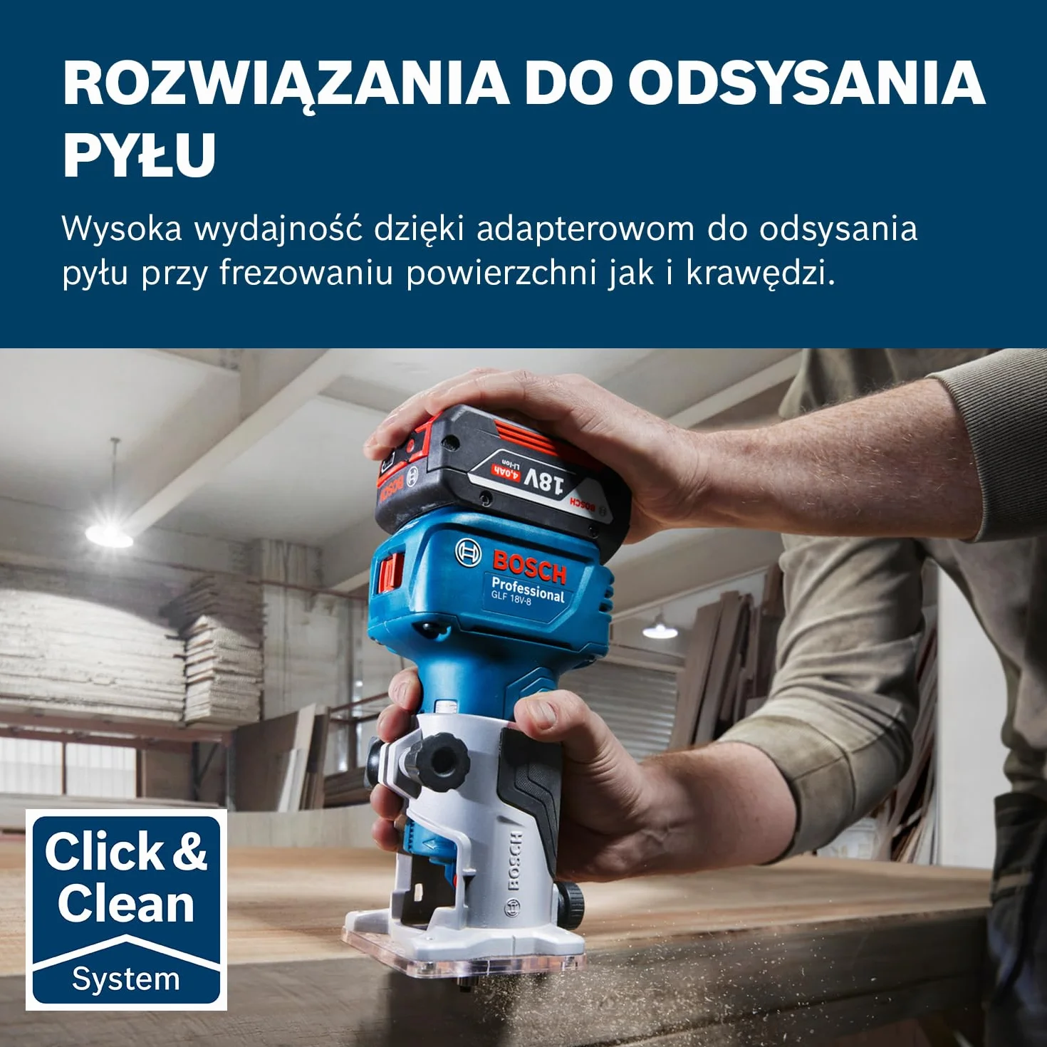 System prof. 18 V firmy Bosch: frezarka akum. GLF 18V-8 (prow. równ., adapter do ods. pyłu – frez. pow., adapter do ods. pyłu – frez. krawędzi, prow. rolk., tuleja zac. 8 mm, klucz, bez akum./ład.)