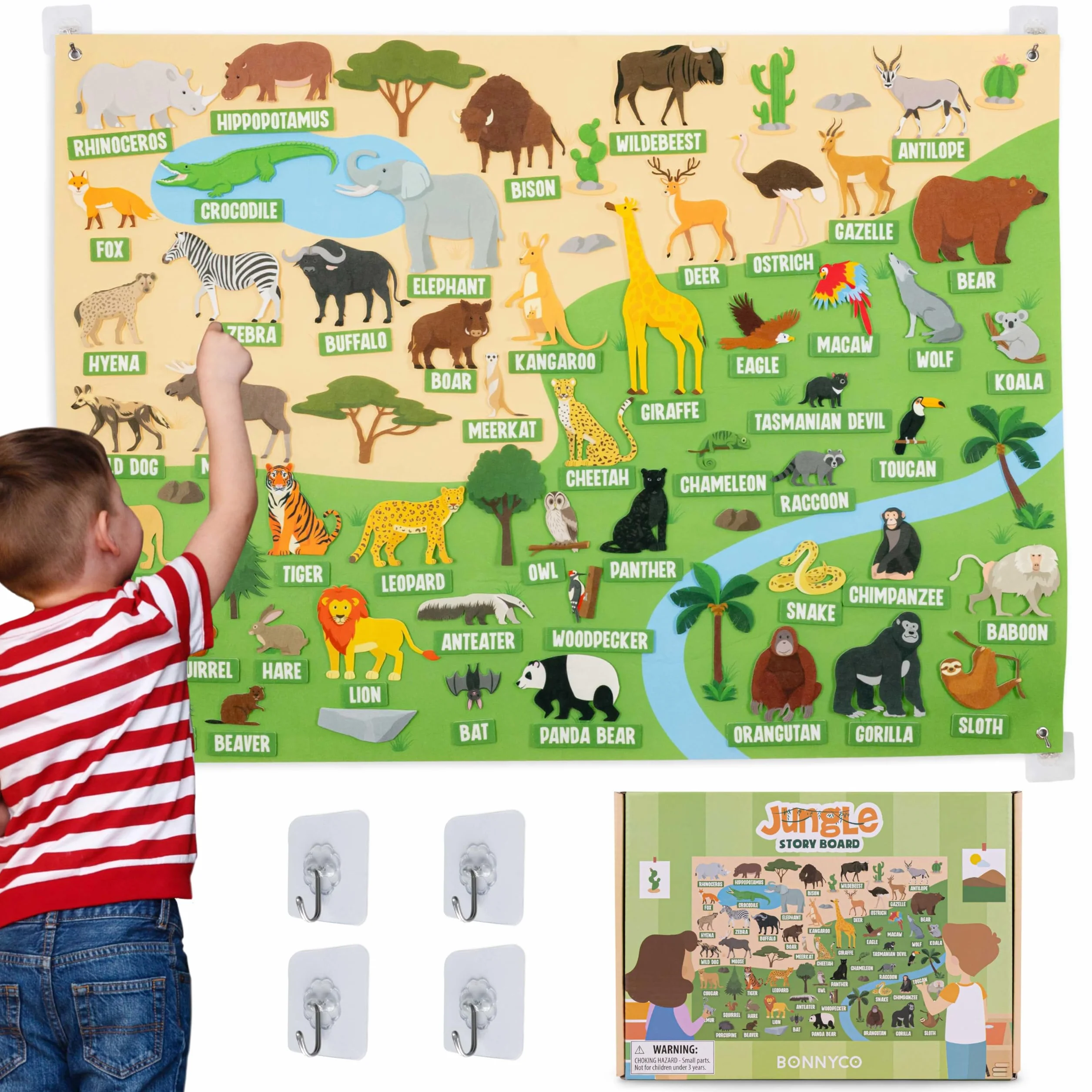 BONNYCO Tablica Filcowa z 116 Figurkami Zwierząt Dżungli. Zabawki Montessori, Prezenty Urodzinowe dla Dzieci w Wieku 3-8 Lat. Panel Sensoryczny dla Autystów, Edukacyjne Materiały