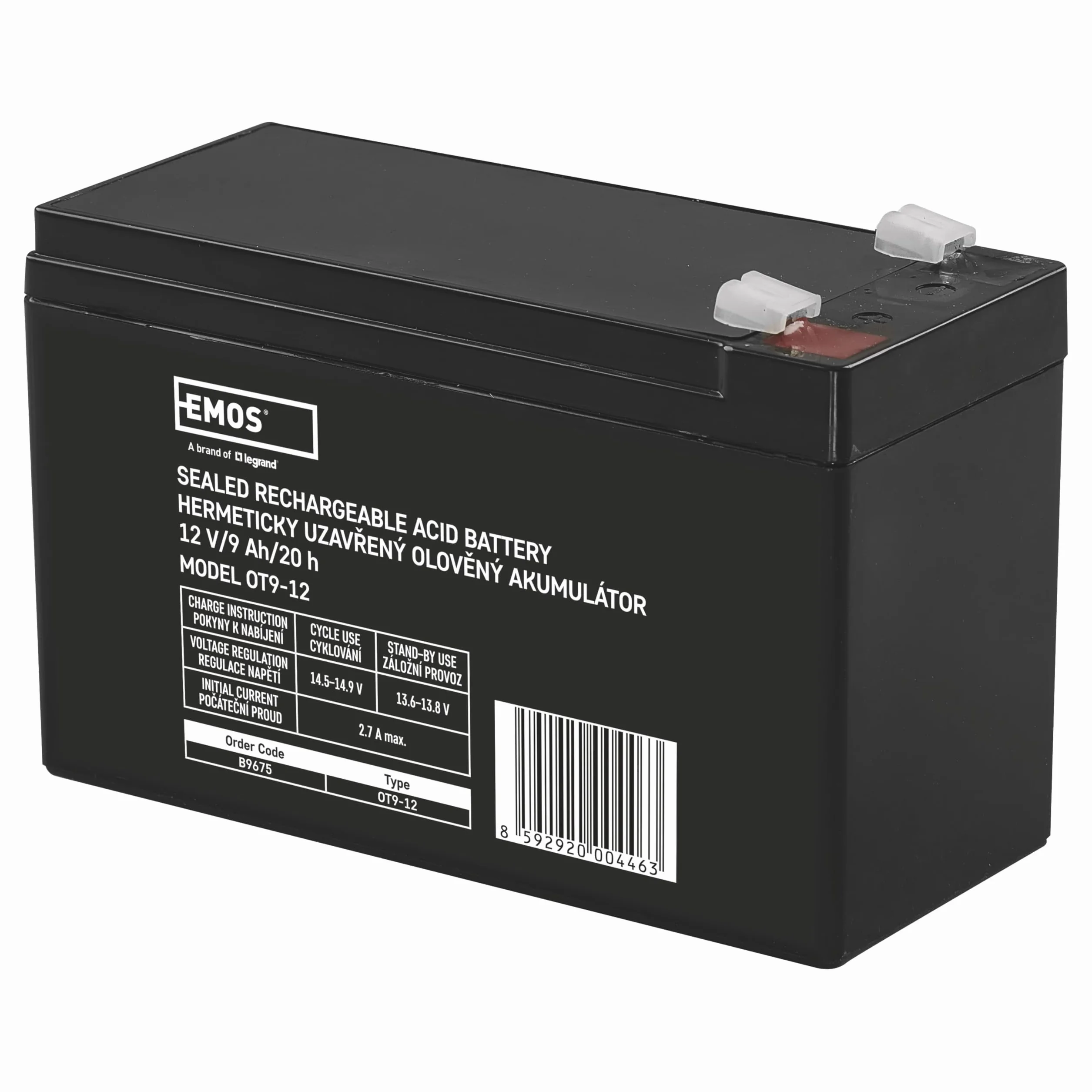 EMOS B9675 bezobsługowy akumulator ołowiowy/ołowiowy akumulator do pojazdów dziecięcych, urządzeń UPS 12V, 9 Ah, faston 6,3 mm, 12 V