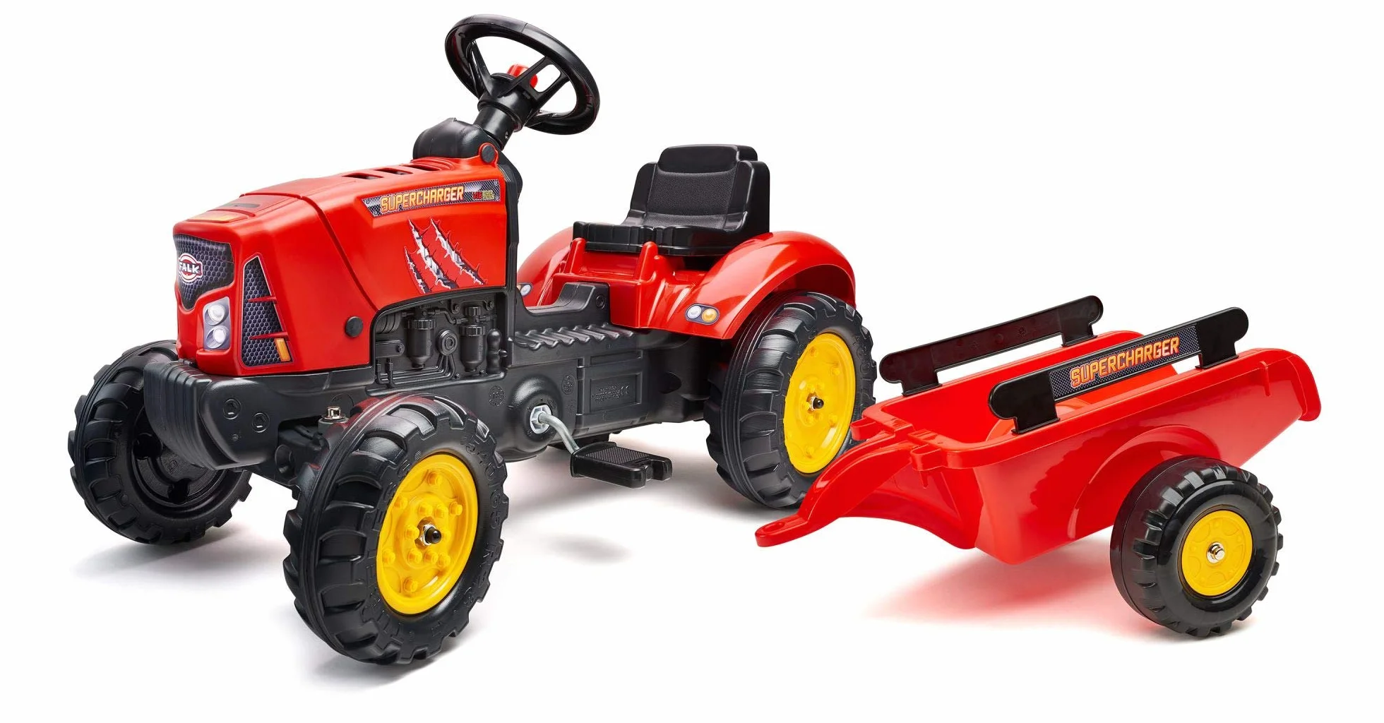 Falk – Traktor z pedałami SuperCharger z przyczepą – od 2 lat – wyprodukowany we Francji – pokrywa otwierana – pilot z kierownicą z klaksonem, 2030AB