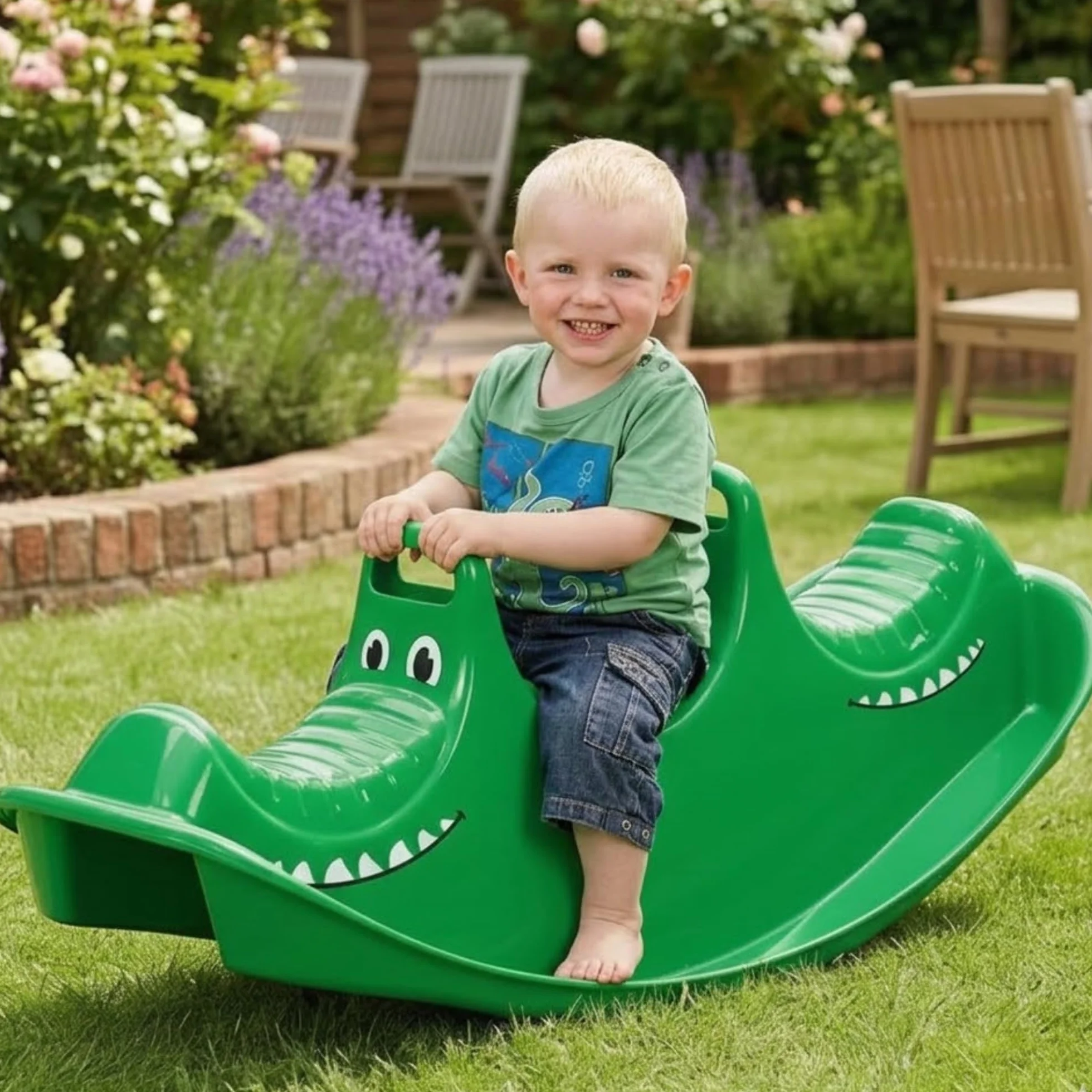 Dantoy 3 Persons Rocker and Seesaw, Durable Plastic with 3 Seats and Made in Denmark – Green Crocodile