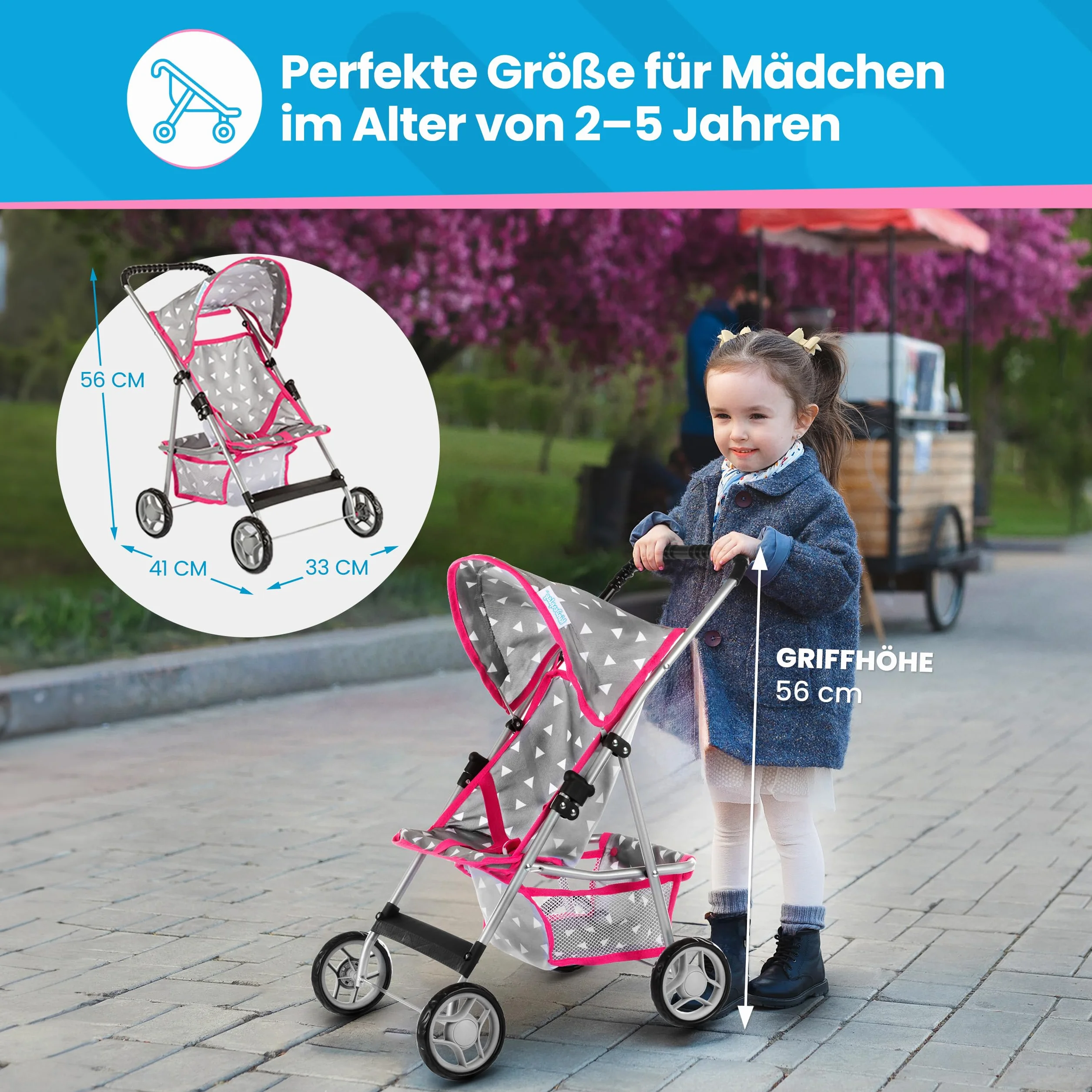 Kinderplay Wózek dla lalek, wózek dziecięcy, wózek dla lalek, wózek z pasem bezpieczeństwa i siatką na zakupy – zabawka dla niemowląt, nowoczesne, lekko obracające się kółka i miękka rękojeść, KP0280S