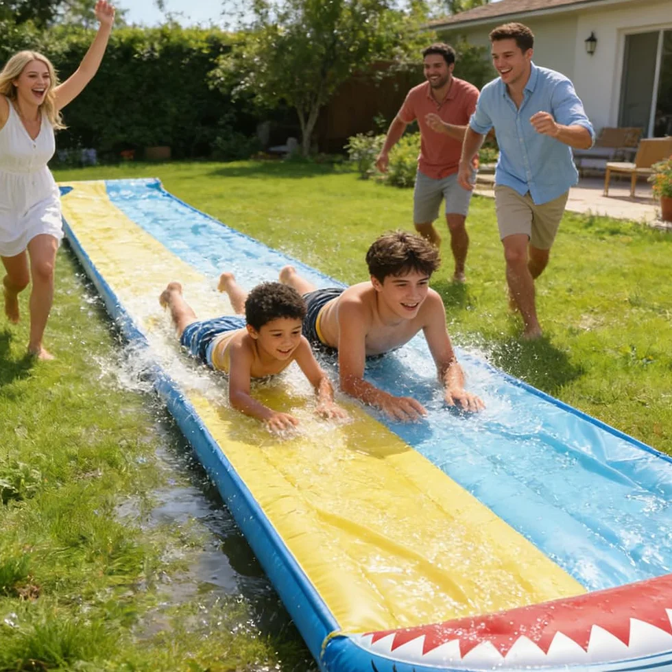 NAVESO Zjeżdżalnia ogrodowa, podwójna zjeżdżalnia wodna z 2 bodyboardami, zjeżdżalnia wodna, zjeżdżalnia do ogrodu, do użytku na zewnątrz (480 x 140 cm)