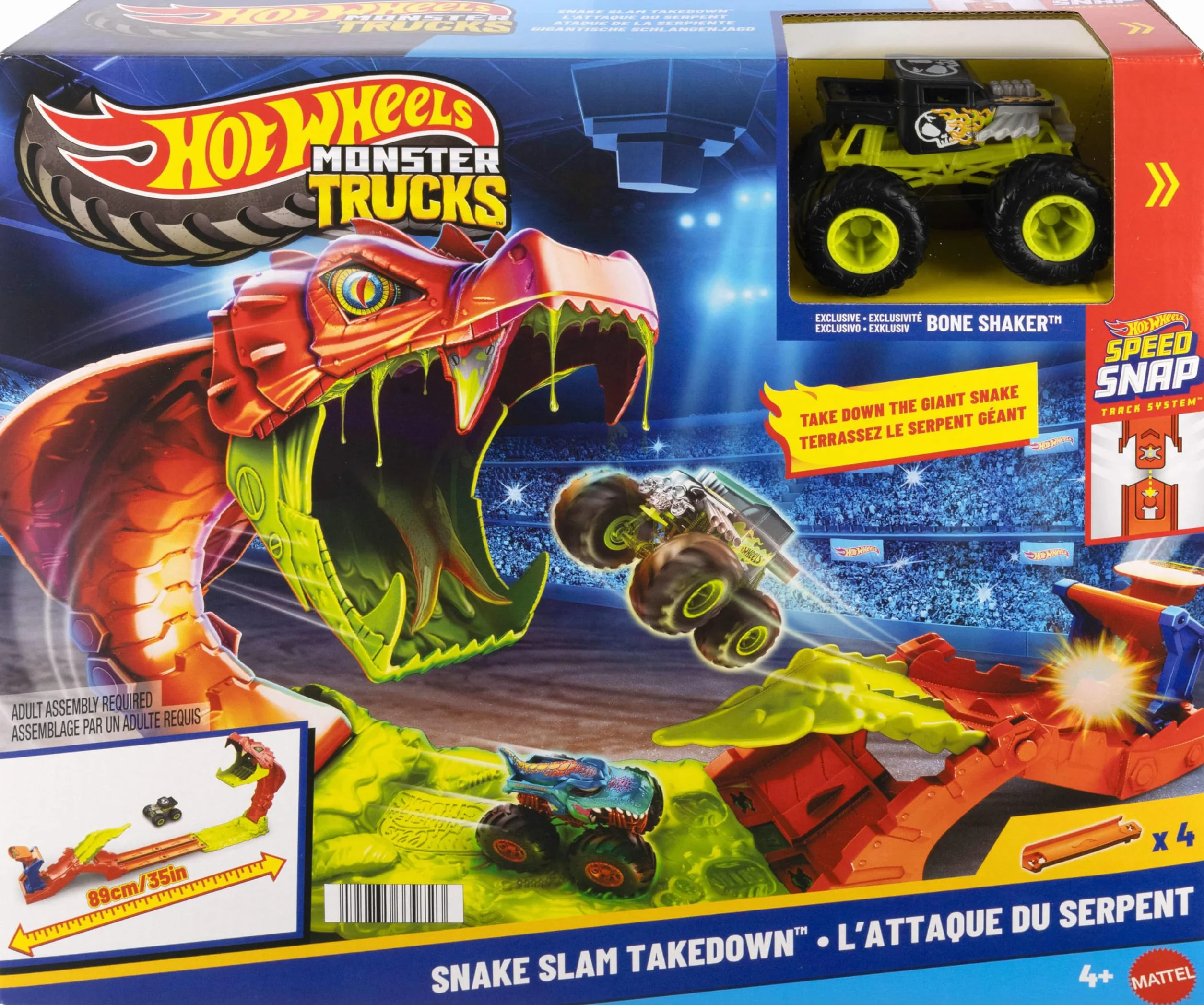 Hot Wheels Monster Trucks Mega skok Nokaut węża Zestaw Bone Shaker 1:64 tor wyścigowy zabawka dla dzieci 4+ JJN44