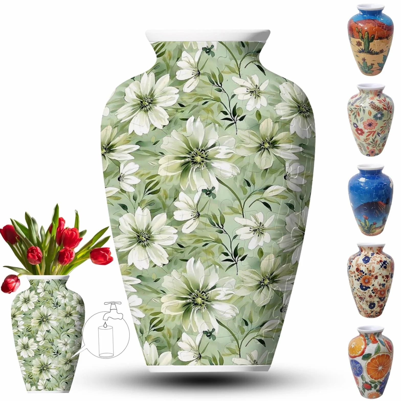 Wazon 3D dla dorosłych, 120 sztuk, puzzle DIY, zakrzywione puzzle 3D z kolumną wody, idealne do eksponowania prawdziwych lub sztucznych kwiatów i kompozycji kwiatowych (białe kwiaty)