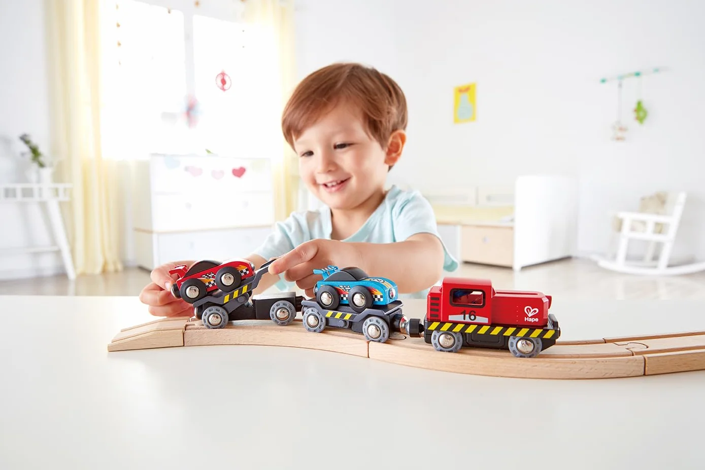 Hape E3735 Race Car Transporter Railway Engine - Wooden Train Track Accessories