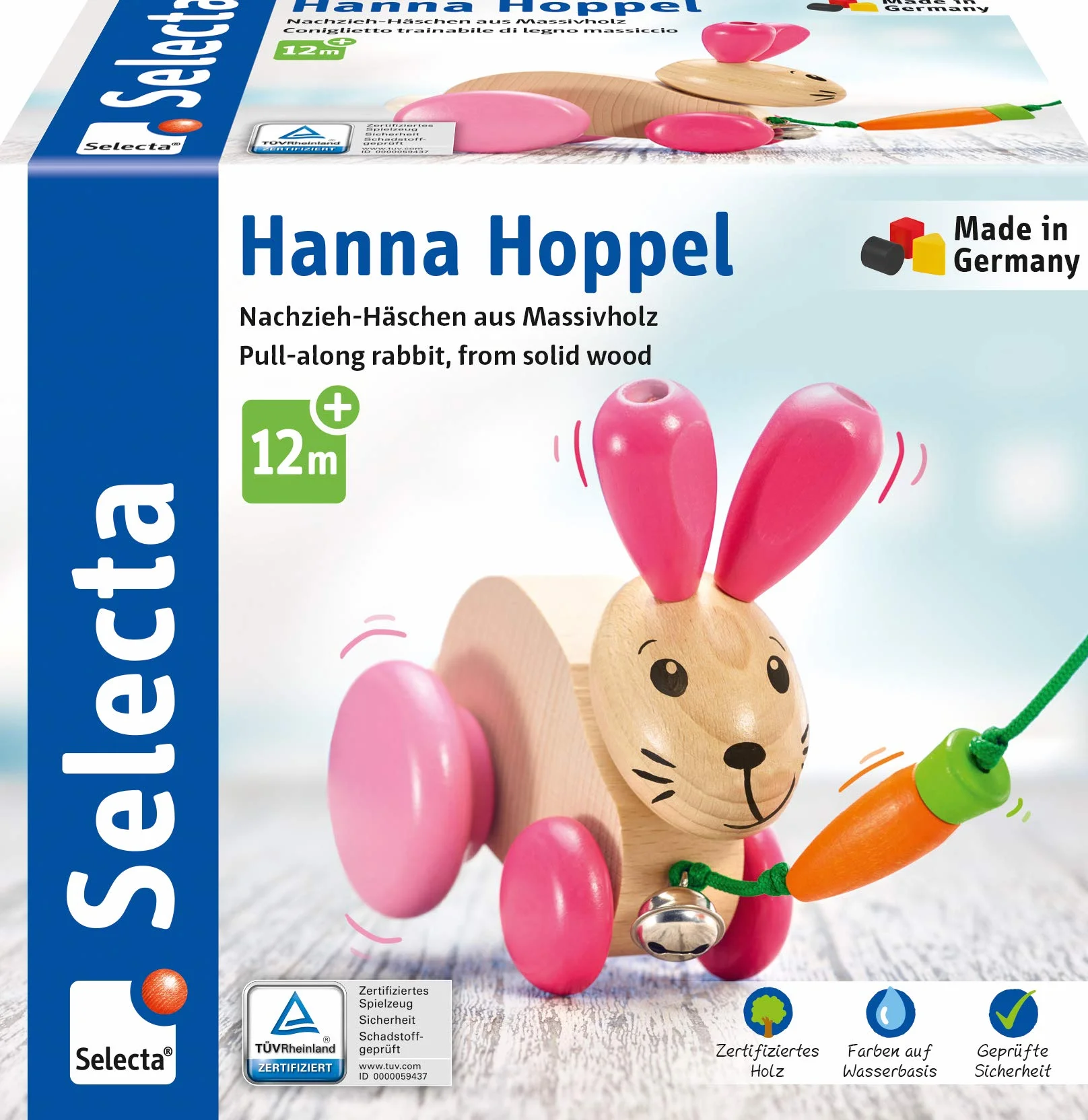 Selecta 62023 Królik Hanna Hoppel, drewniana zabawka do ciągnięcia, 13 cm