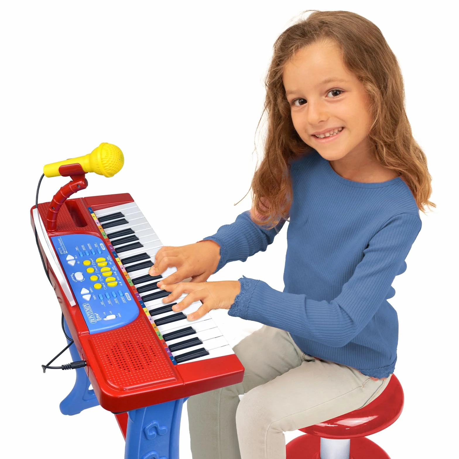 Bontempi | MiniKeyFun - 37 klawiszy zabawkowych klawiatura dla małych muzyków z mikrofonem, stołkiem i podstawką, niebiesko-czerwona, 54,4 x 32,9 x 15,9 cm