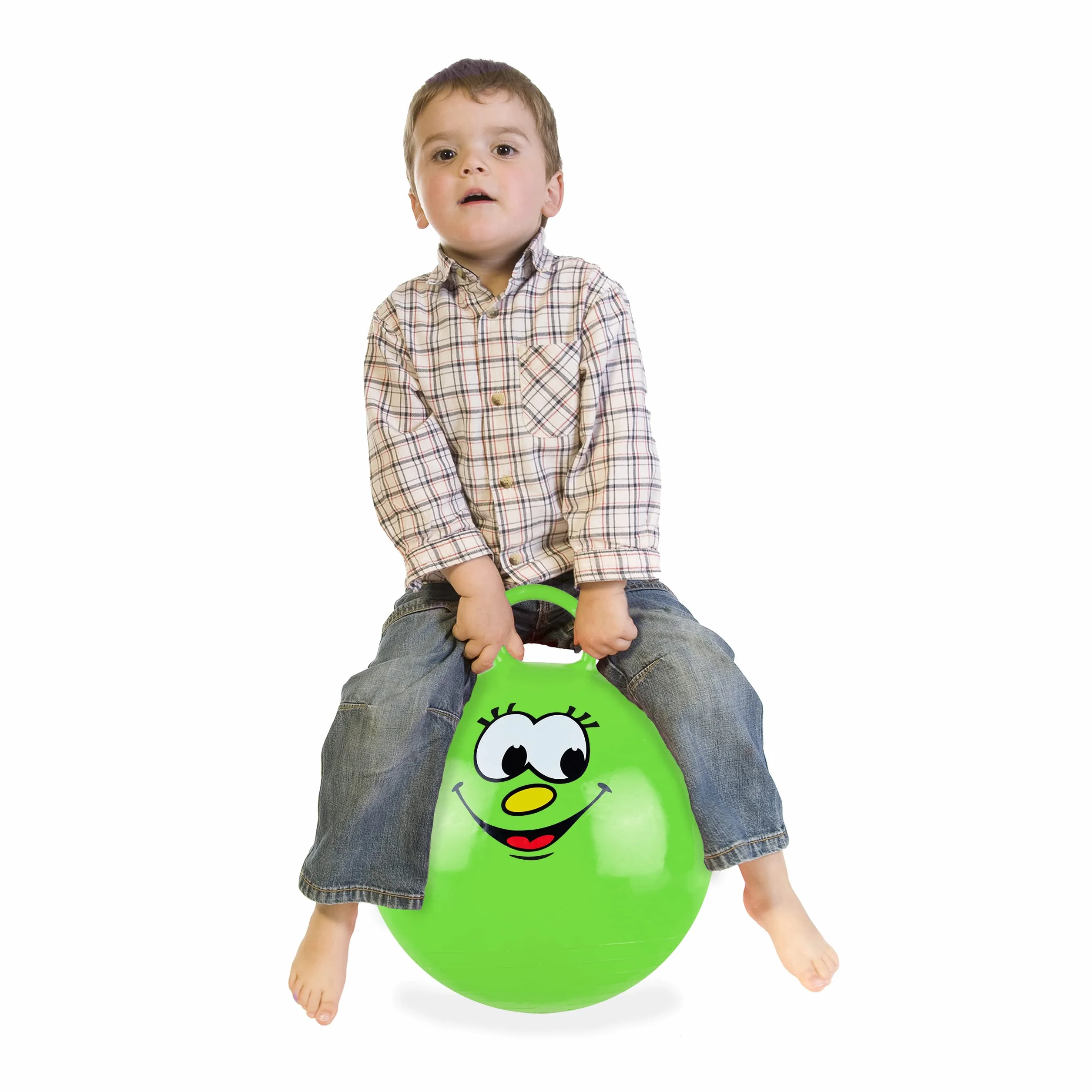 Relaxdays Piłka do skakania dla dzieci, z twarzą, z uchwytem, Ø 45 cm, do wewnątrz i na zewnątrz, piłka do skakania do 150 kg, zielona