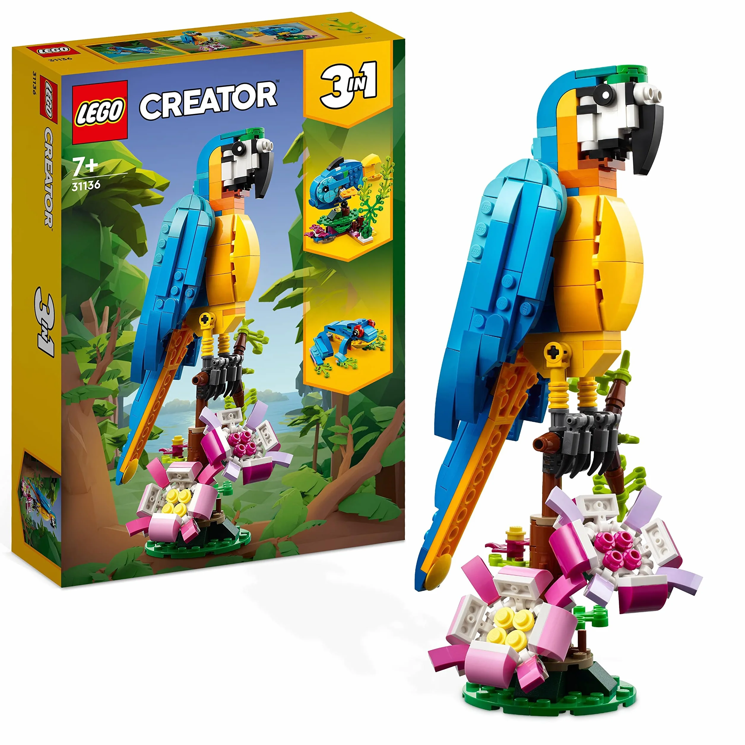 LEGO Creator 3 w 1 Egzotyczna papuga, Figurki Zwierząt z Klocków, Żaba i Ryba, Kreatywna Zabawka dla Dziecka do Budowania, Zestaw Edukacyjny, Prezent dla 7-latka, 31136