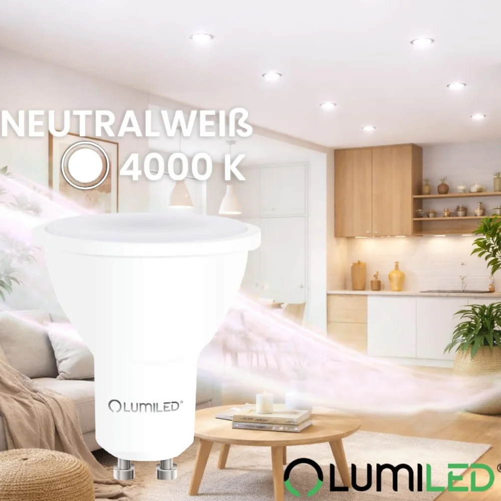 Lumiled LED GU10 PAR16 8W zastępuje 75W 800lm 4000K Neutralna Biel 120° Nieściemnialna Zestaw 10 sztuk Energooszczędne Żarówki Reflektorowe do Kuchni, Salonu, Biura, Korytarza