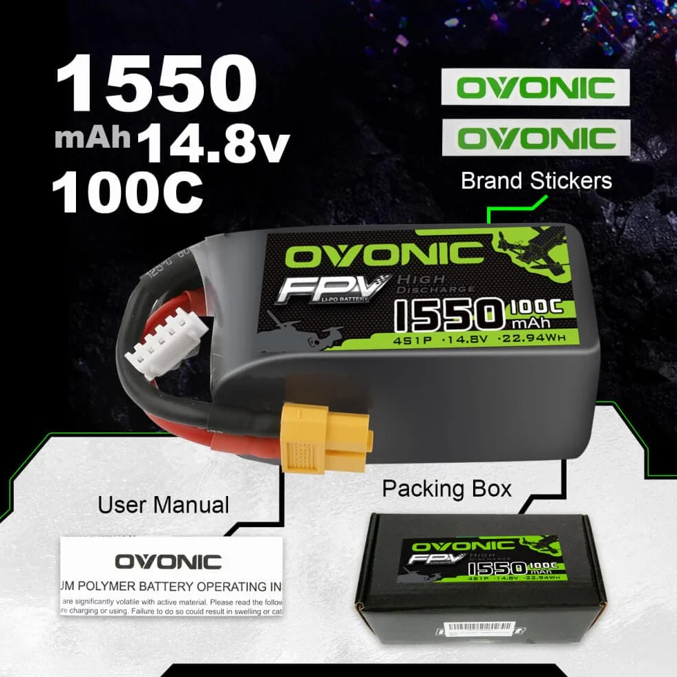 OVONIC Akumulator Lipo 4s 1550mAh 100C 14,8V z wtyczką XT60 do RC FPV Quadcopter, samolot, hobby, DIY(1 szt.)