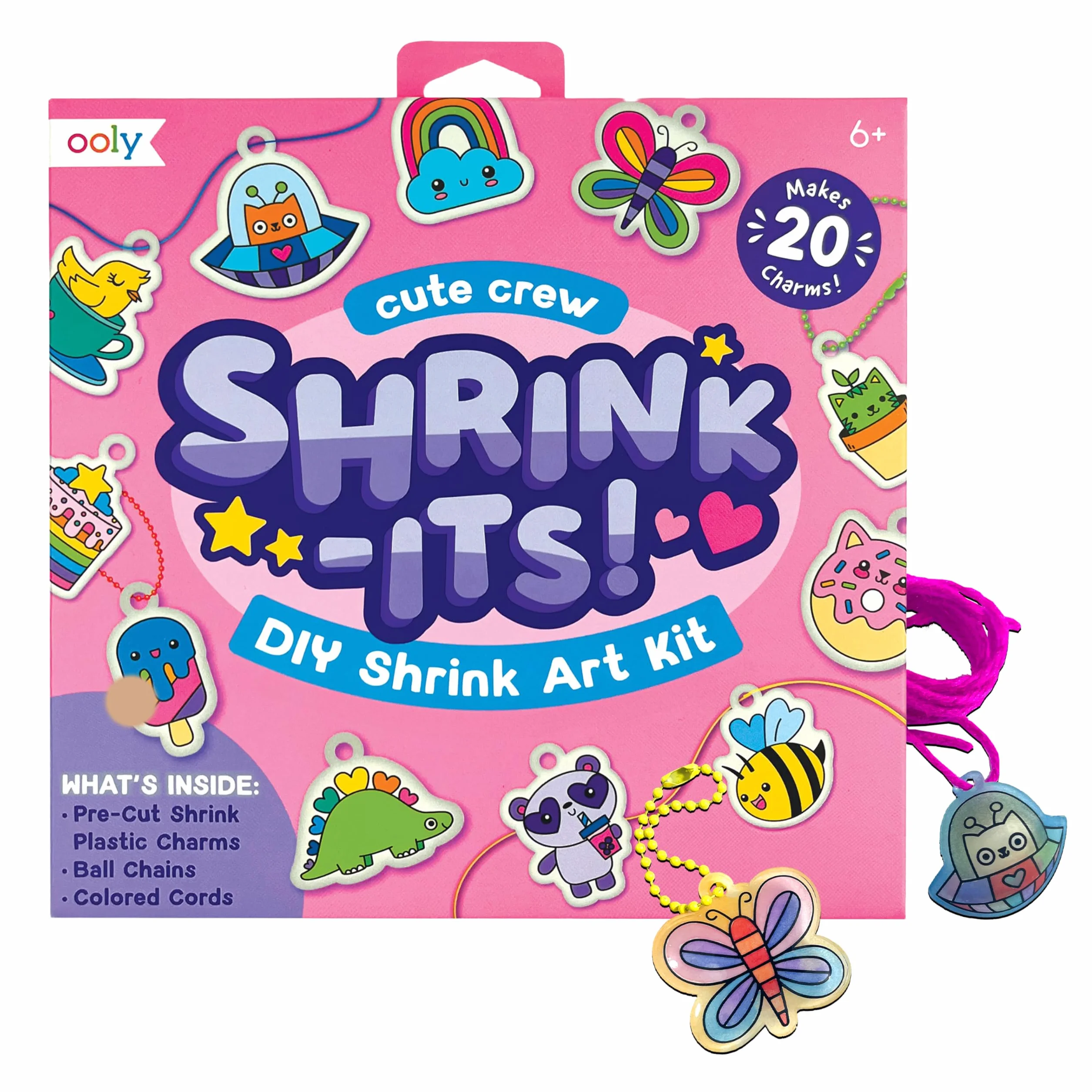 Ooly Shrink-Its 28-częściowy zestaw artystyczny DIY, kurczący się wisiorek, zawiera 20 plastikowych wstępnie wyciętych zawieszek i nie tylko, sztuka bez bałaganu dla dzieci, prezenty DIY dla dzieci