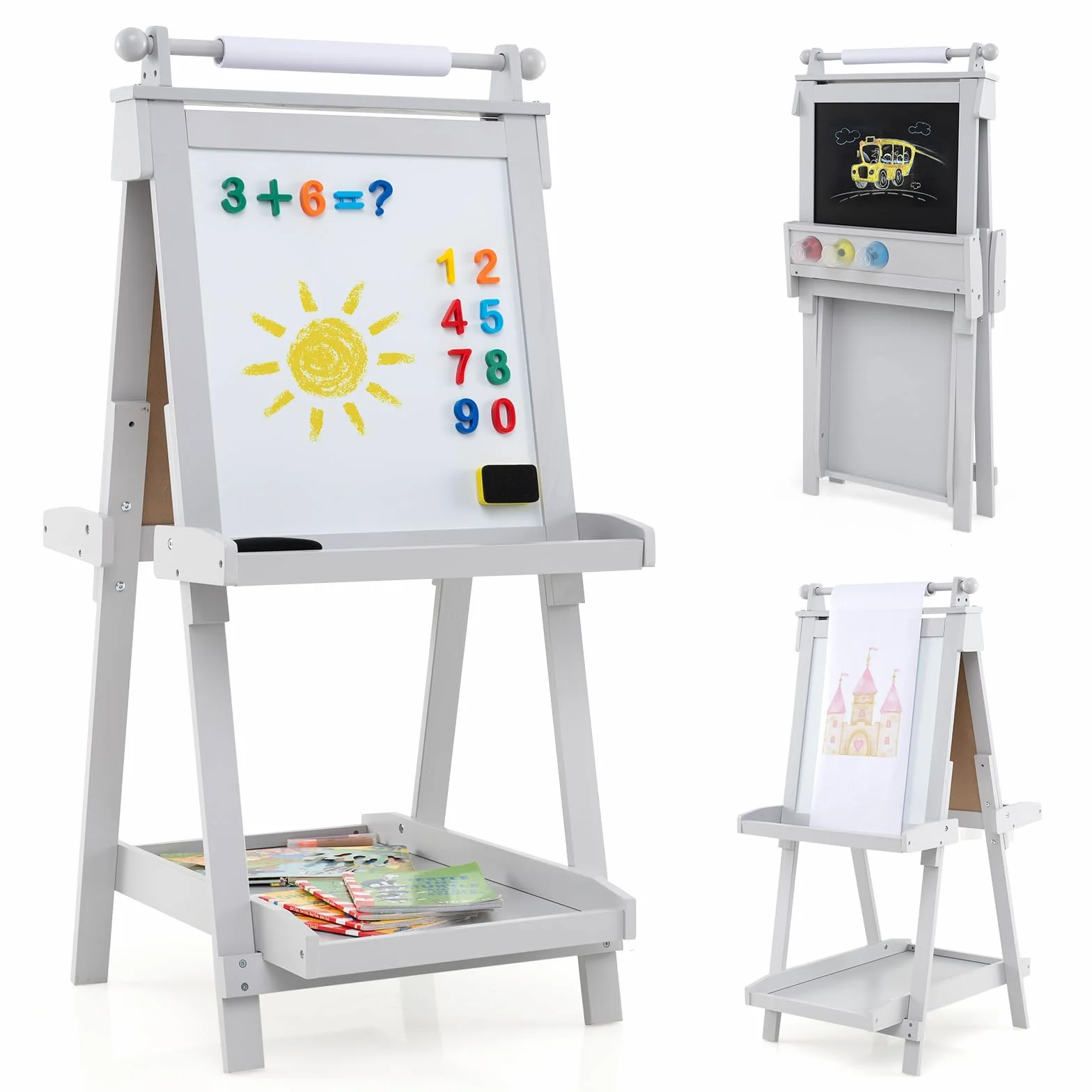 COSTWAY Tablica dla dzieci, składana sztaluga z regulacją wysokości z białą tablicą i tablicą magnetyczną, dwustronna tablica dziecięca z rolką papierową i 3 miseczkami do malowania, składana tablica
