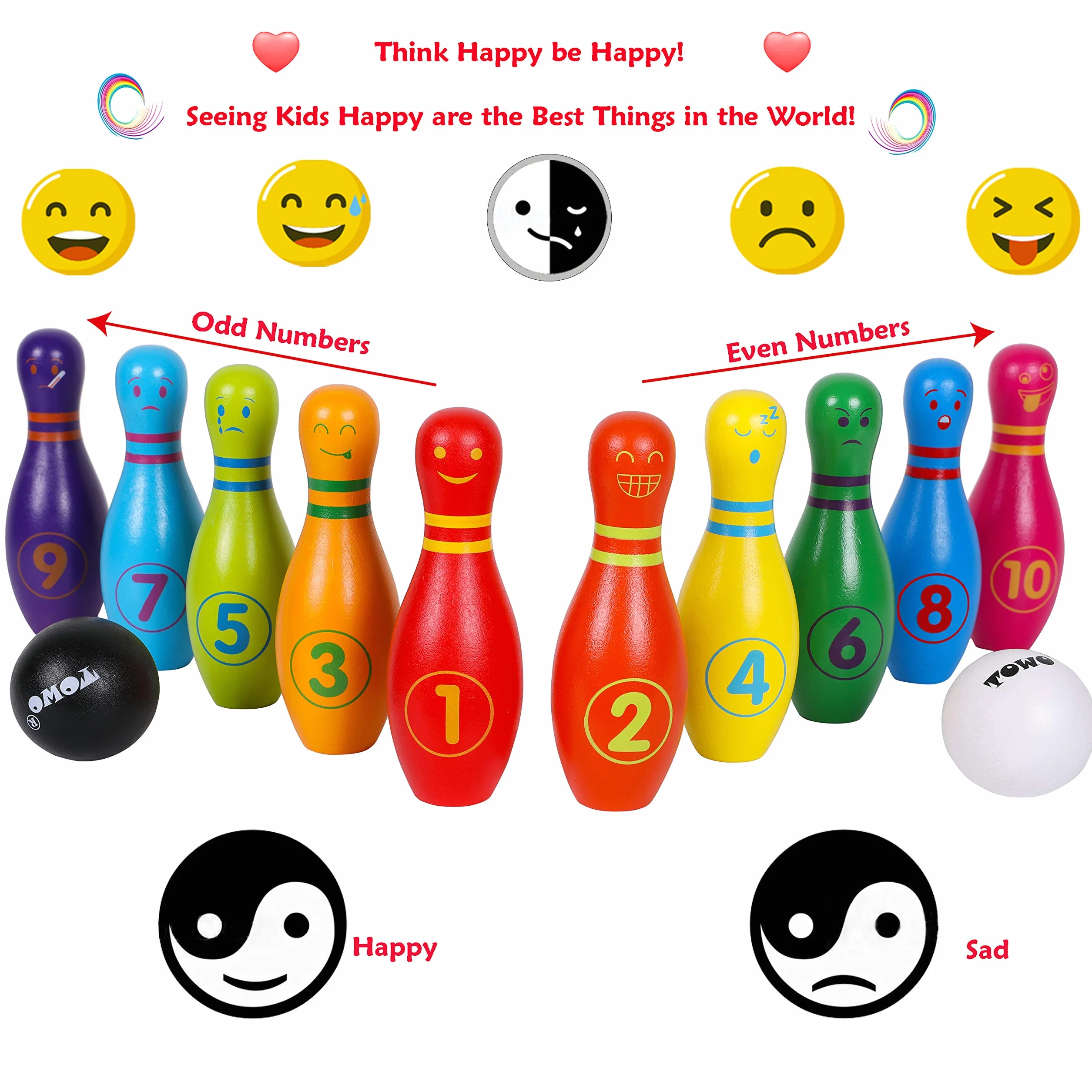 TOWO Skittles drewniane dla dzieci - drewniane Skittle Set z twarzy emocji i numery - 10 Pin Bowling Zestaw dla dzieci kryty i zabawki ogrodowe - drewniane zabawki dla 2 lat Maluch