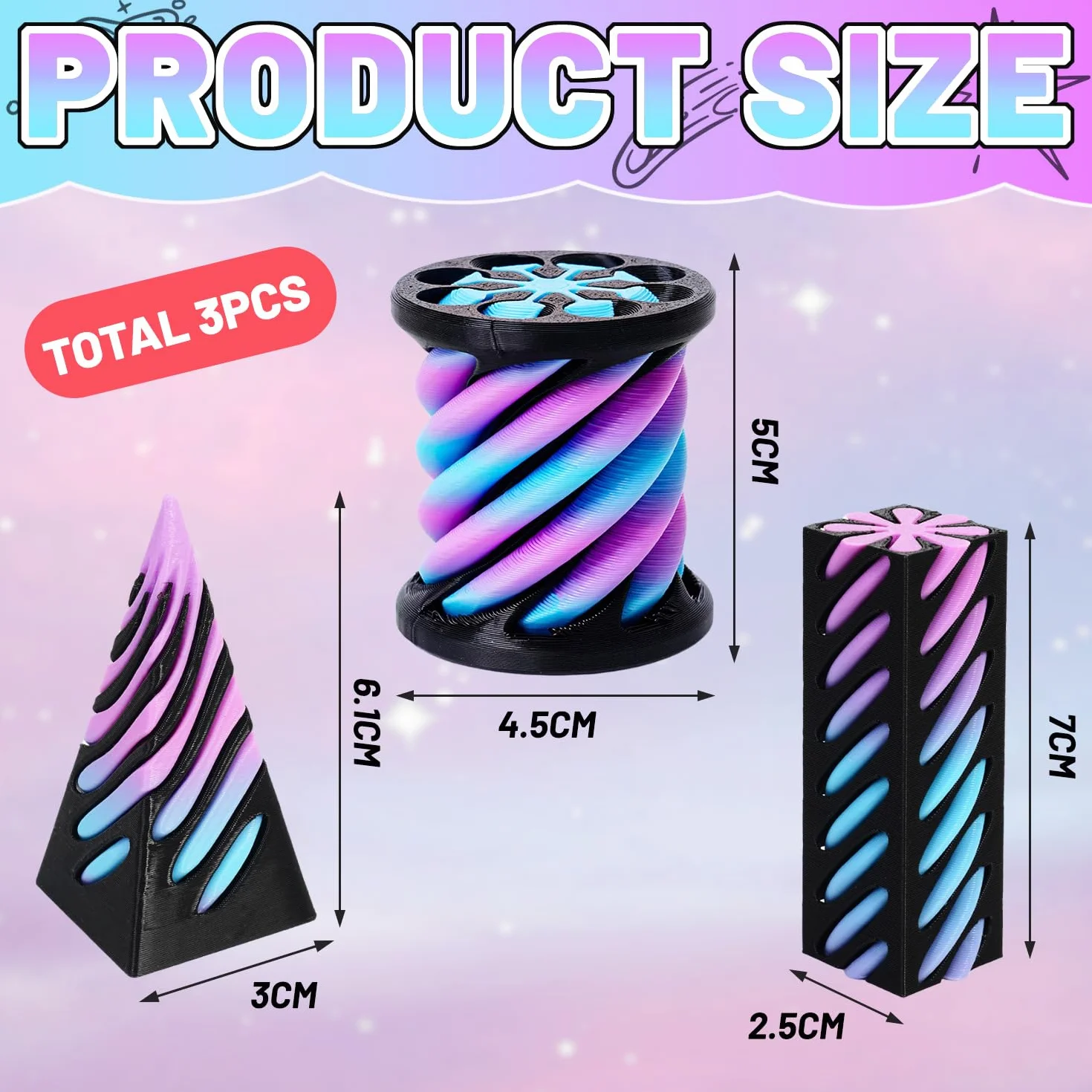 3 szt. Impossible Cone, 3D Printed Spiral Cone Fidget Toy, Mini Piramida Passthrough Sculpture, dekoracje biurkowe, zabawki z nicią wirową dla dzieci, dorosłych, prezent na Boże Narodzenie