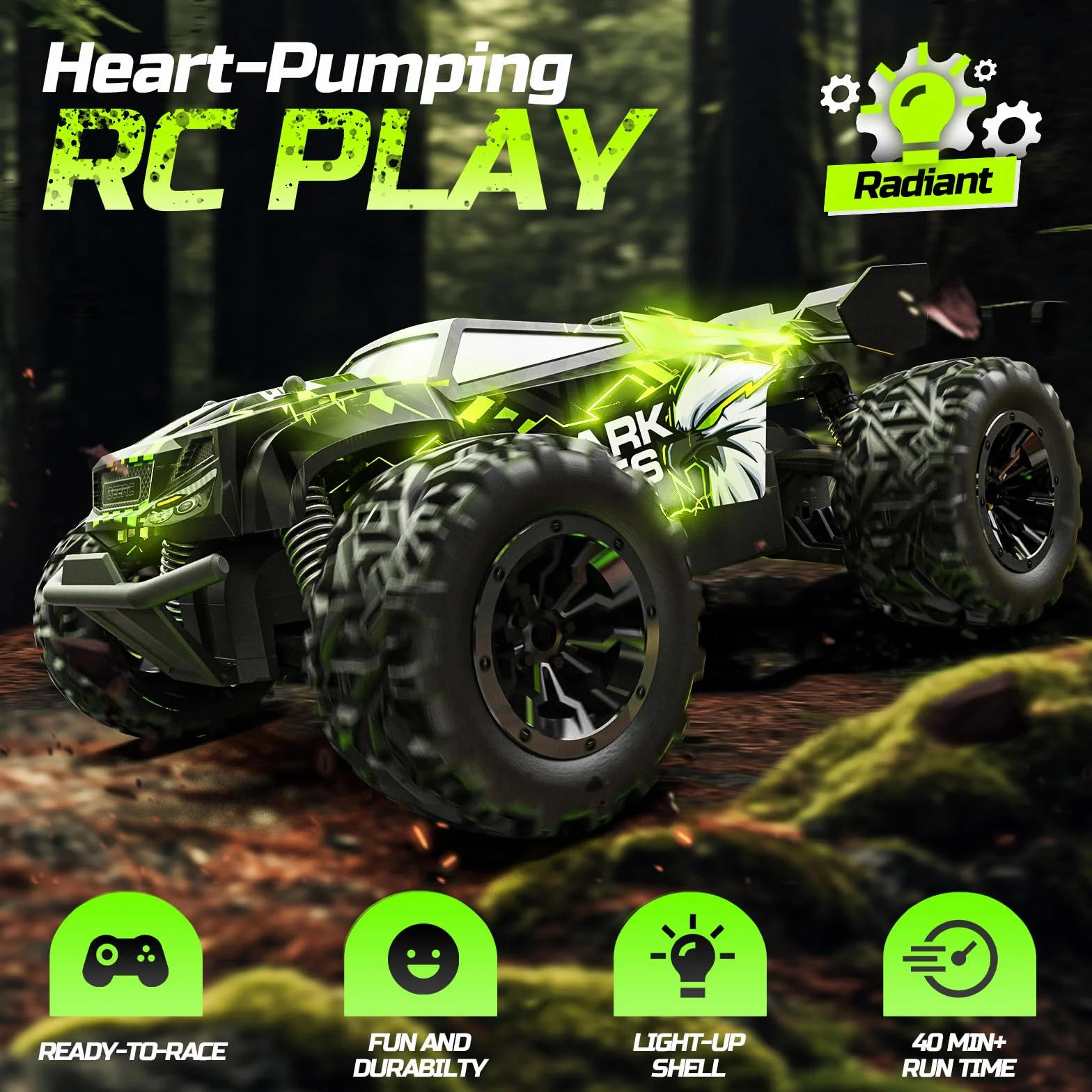 DEERC Samochód zdalnie sterowany, podświetlane samochody RC 2,4 GHz z 2 akumulatorami do 40 minut gry, zabawka terenowa Monster Truck dla chłopców i dzieci od 8 lat..