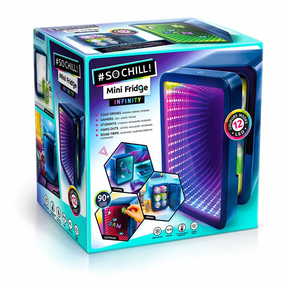 So Chill Mini Lodówka Efekt nieskończoności, gracze, studenci, dom/wycieczki samochodowe/Hangouts + więcej, zasilanie USB, naklejki w zestawie, puszki 4 l/6, lustrzane drzwi z efektem nieskończoności